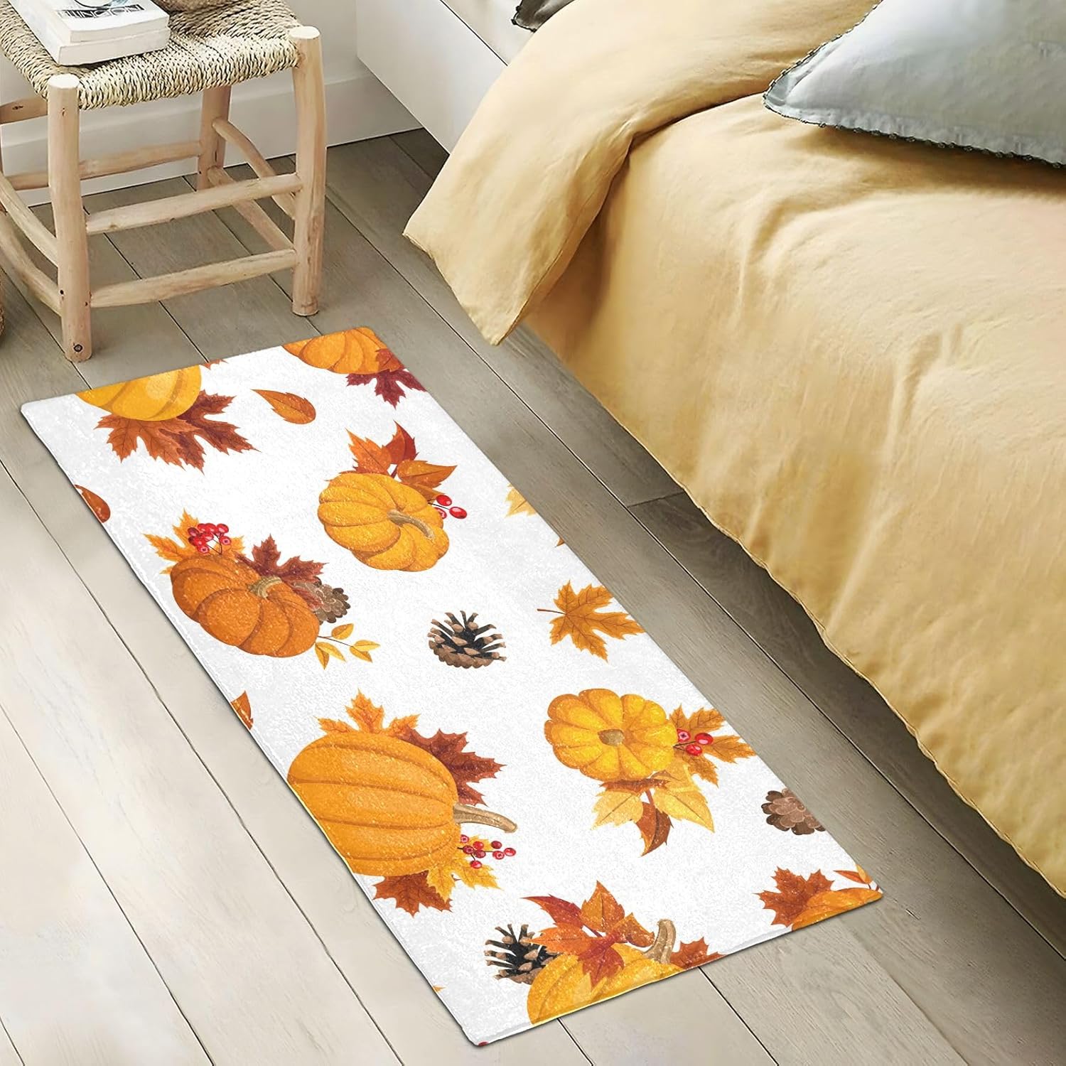 Fluffy Floor Carpet 39x20in- Pumpkins and Yellow Maple Leaves in AutumnFront Door Mat Indoor Machine Washable Carpet,Aesthetic Rug