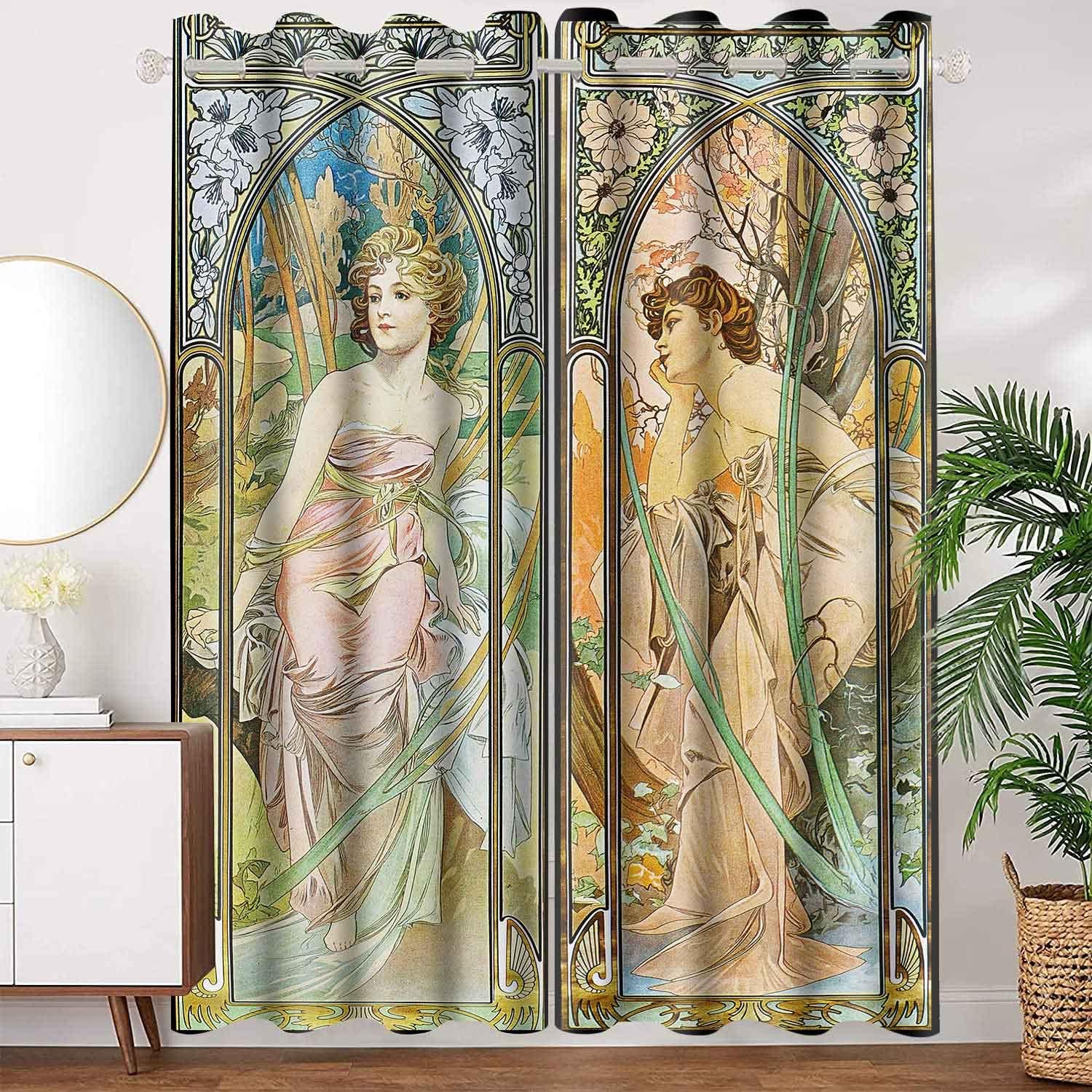 MIZSYE Cortinas opacas Art Nouveau para mujer, serie de temporada de primavera y otoño, estilo pintura al óleo, estilo de mediados de siglo,