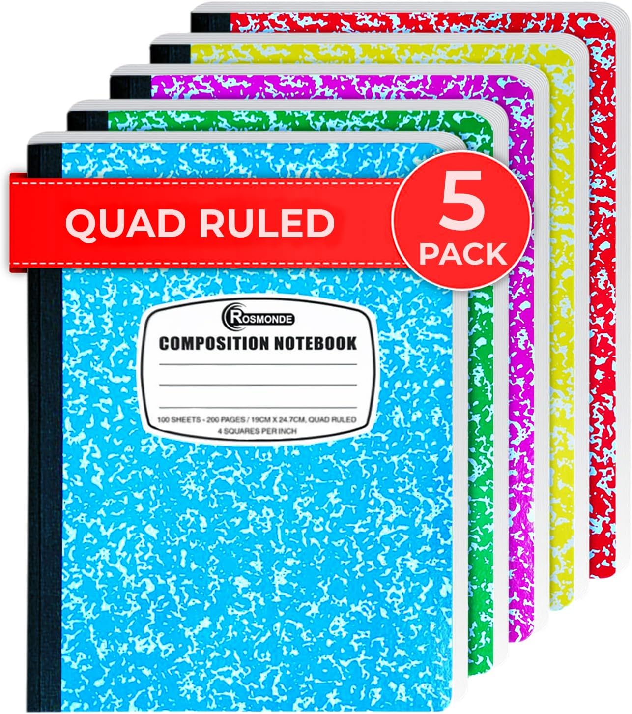 Cuaderno de composición de papel cuadriculado, paquete de 5, 200 páginas (100 hojas), cuaderno de composición a rayas cuádruples, libro de