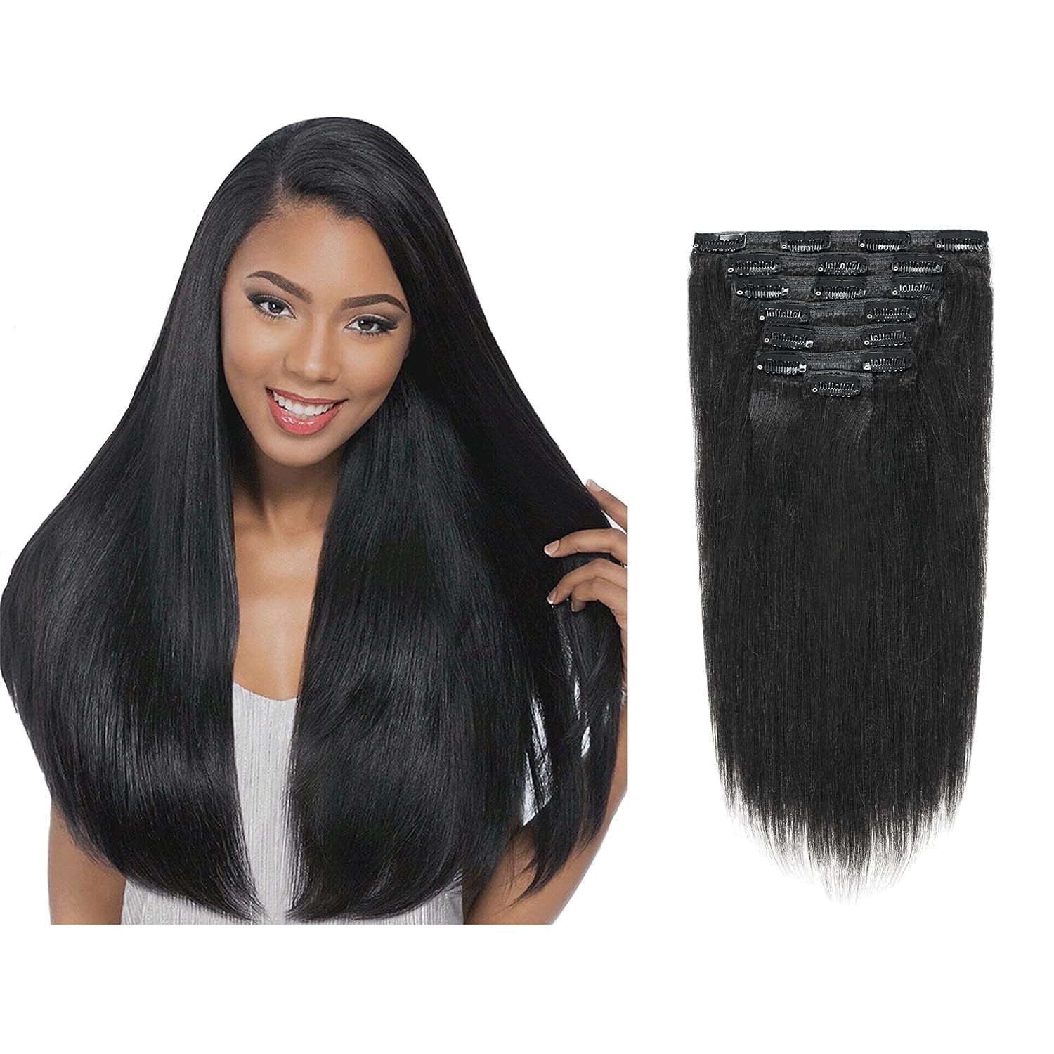 Lacer Extensiones de cabello humano Remy grueso y suave con clip, color negro azabache de 18 pulgadas, cabello humano lacio Yaki para mujeres