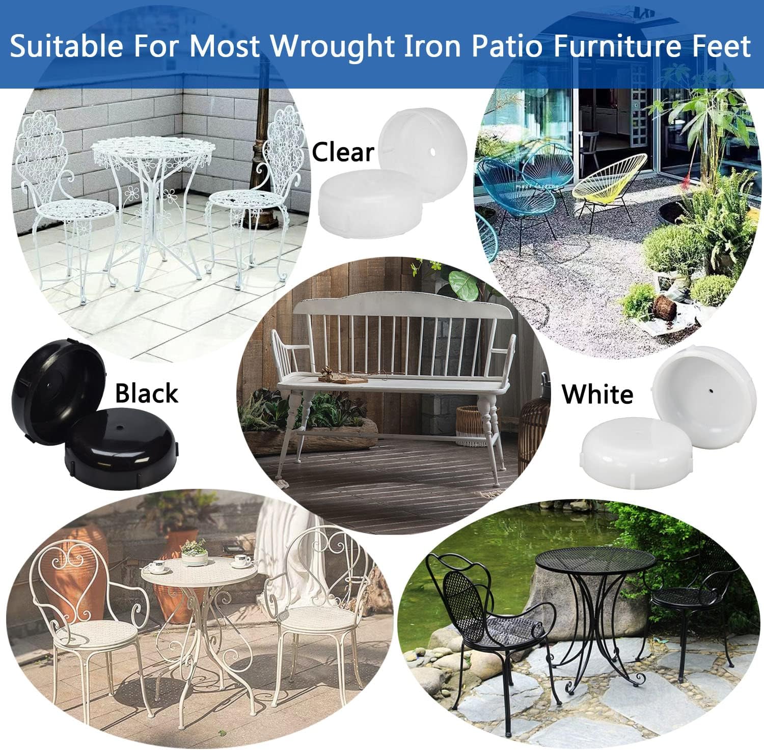 Paquete de 24 protectores de suelo de hierro forjado de 1.25 pulgadas para muebles de patio, patas de silla al aire libre, transparentes..