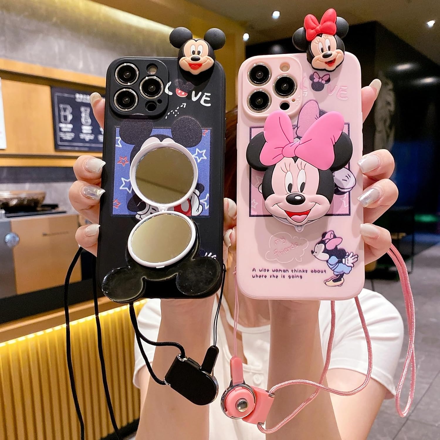 Funda de dibujos animados para iPhone 13 Pro Max de 6.7 pulgadas, con protector de pantalla HD, bonita funda de teléfono Kawaii Minnie con banda de