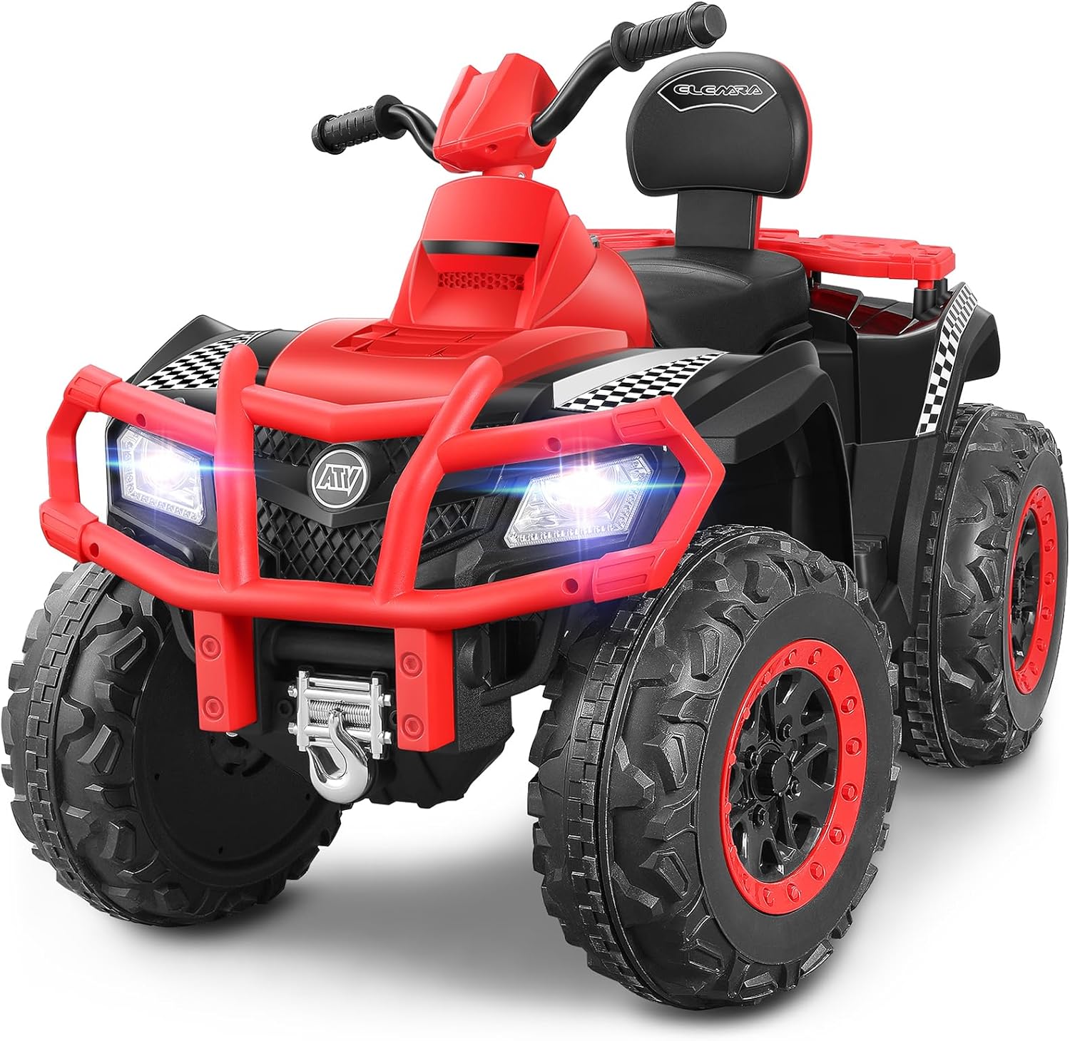 ELEMARA ATV para niños de 2 plazas, vehículo eléctrico de 4 ruedas con batería de 10 AH, 4 mph, 2 puertos de carga, Bluetooth, faros LED, música,