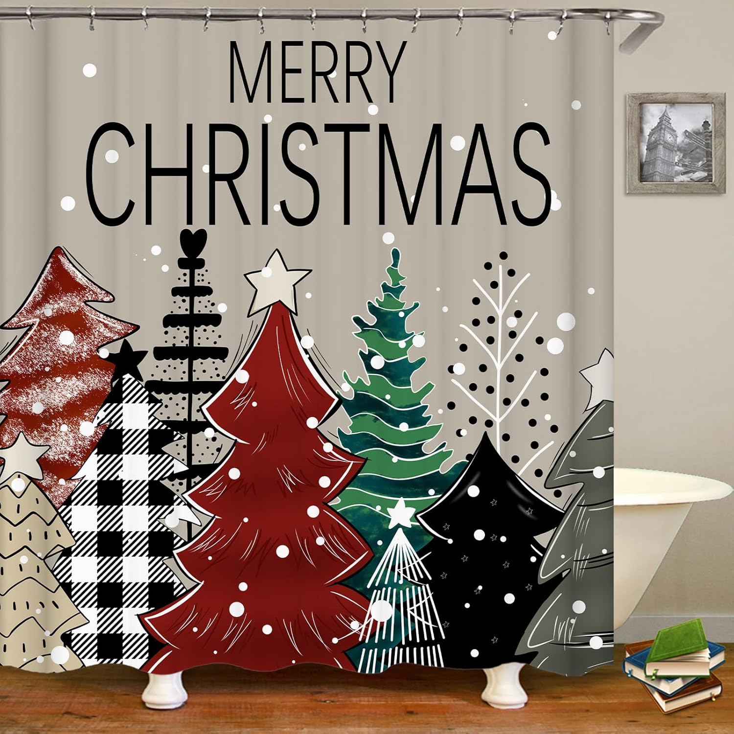 Juego de cortinas de ducha de Navidad con alfombras, cortinas de ducha impermeables de tela navideña para baño con cortina de ducha, juegos de
