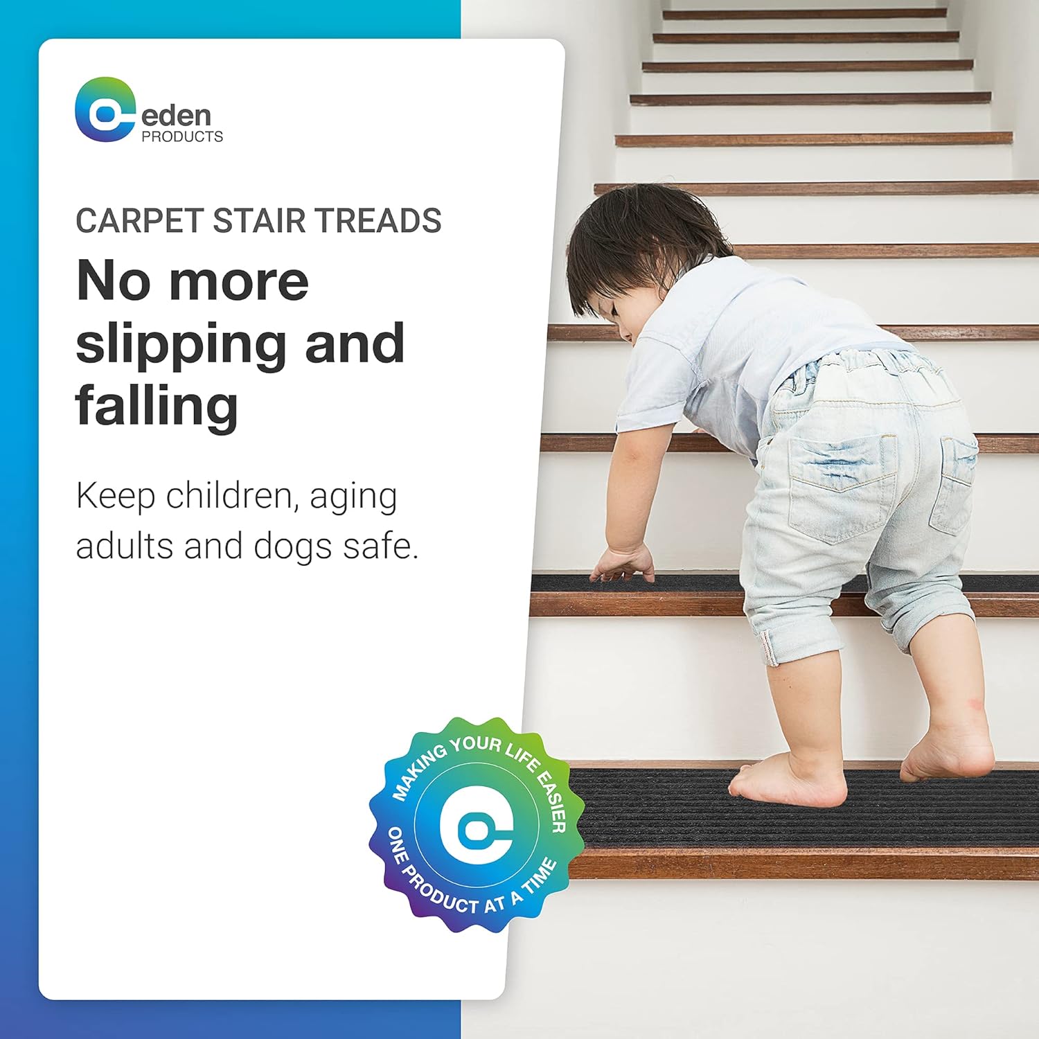 EdenProducts – Alfombra antideslizante para escaleras de interior, adhesivo preaplicado, evita resbalones, para escalones de madera, seguridad para