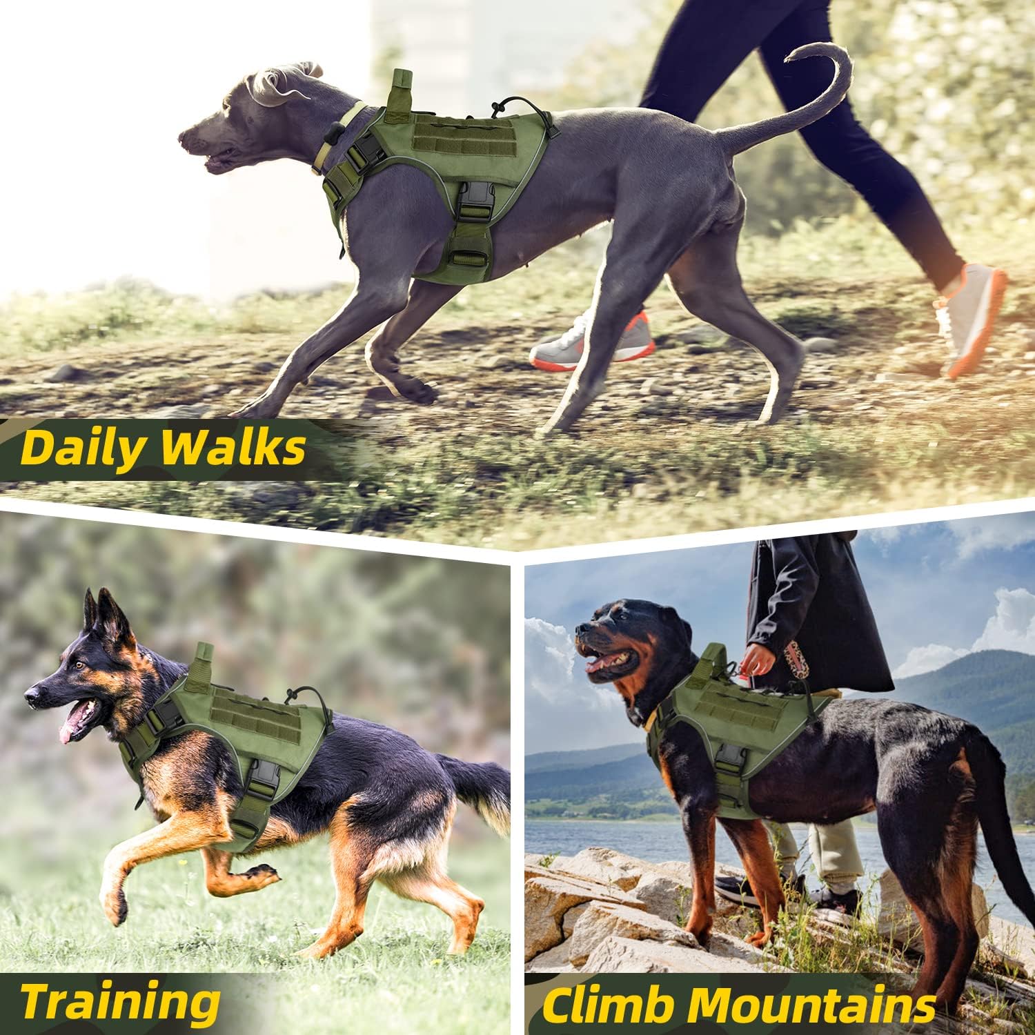 WINGOIN Arnés táctico verde con asa para perros grandes, antitirones, ajustable, reflectante, K9, chaleco militar con asa de fácil control y par de