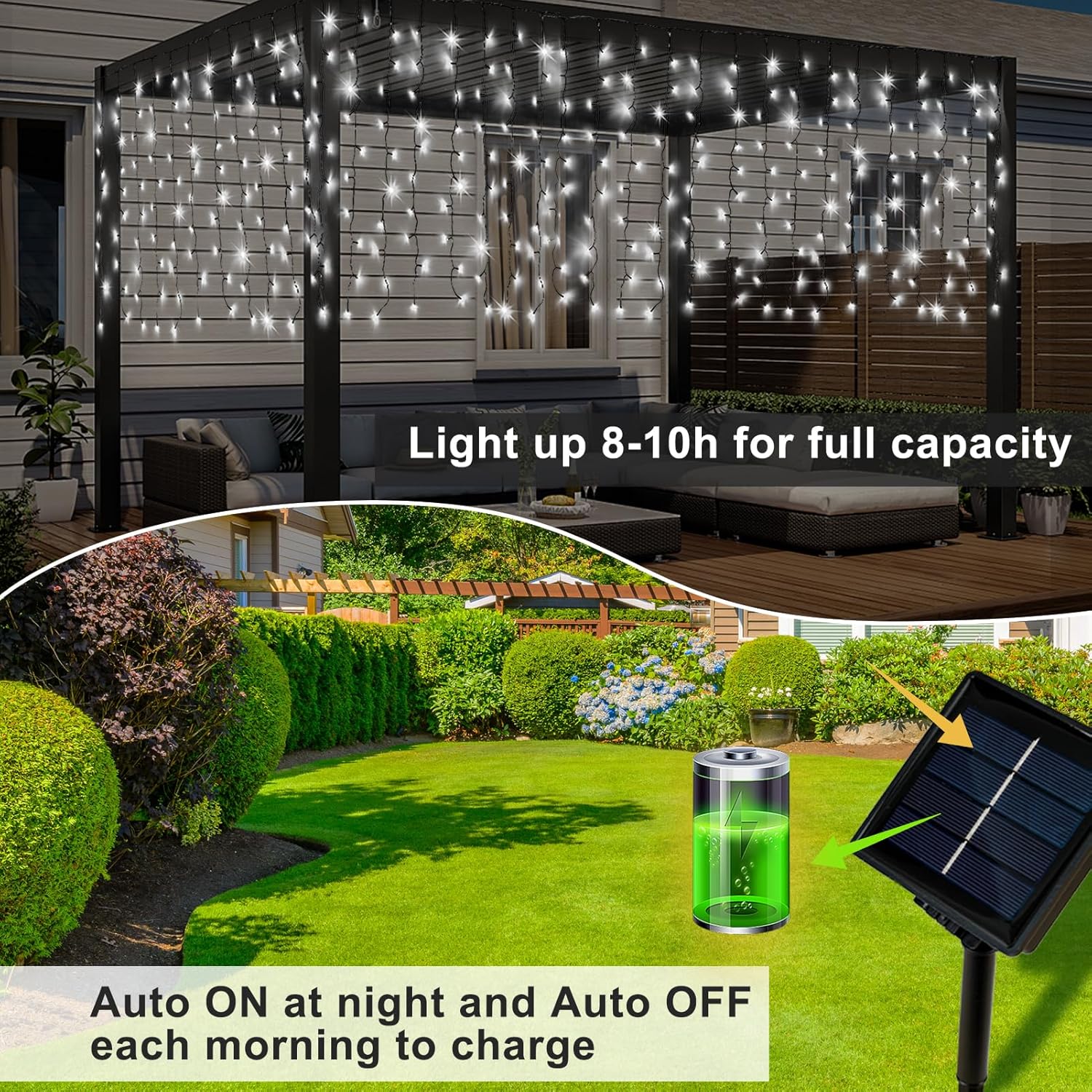 DBFAIRY Cortina solar para exteriores, 300 luces LED solares para cortina con 8 modos para decoración de pared, barandilla, barandilla, aleros,