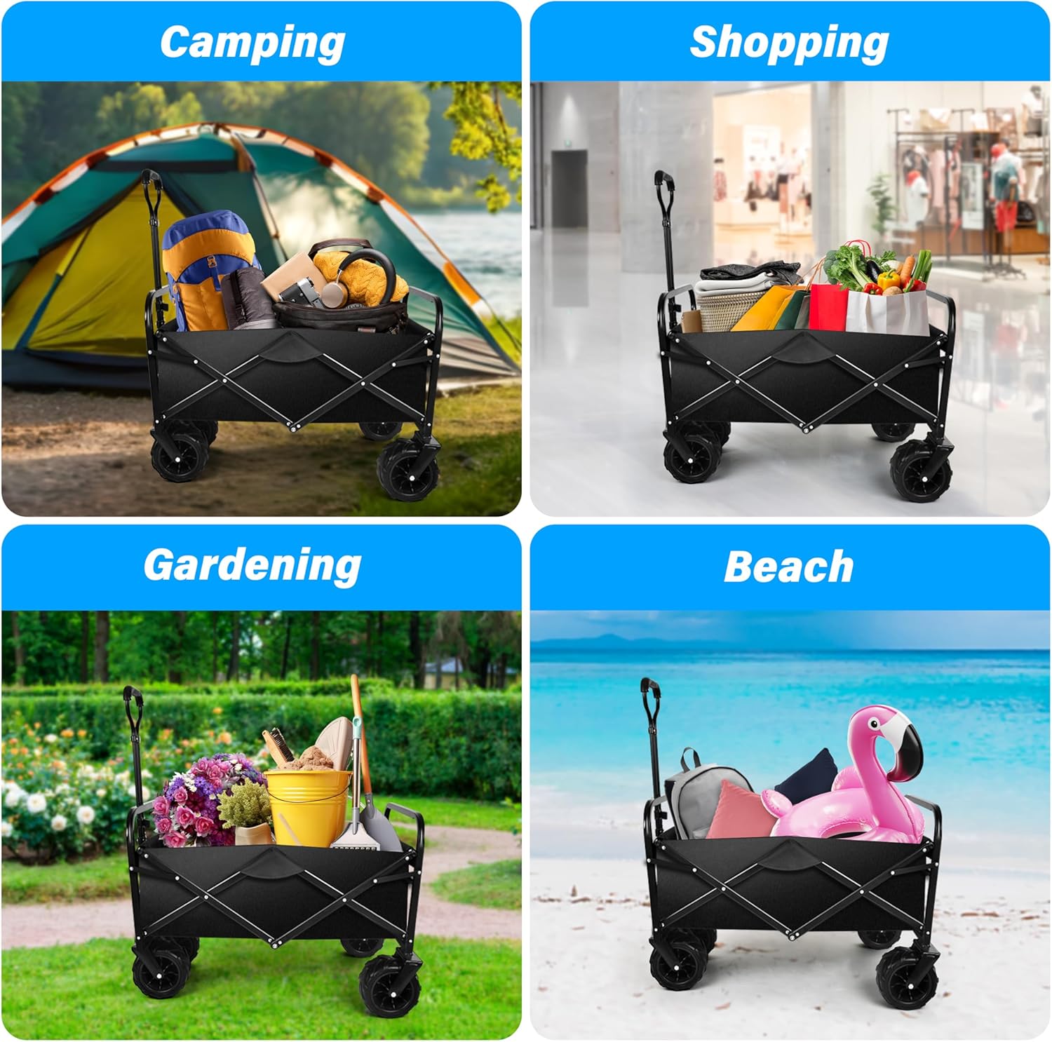 YSSOA Carro plegable plegable, vagón de playa para arena con ruedas grandes, carro de utilidad plegable resistente, carrito de jardín portátil con