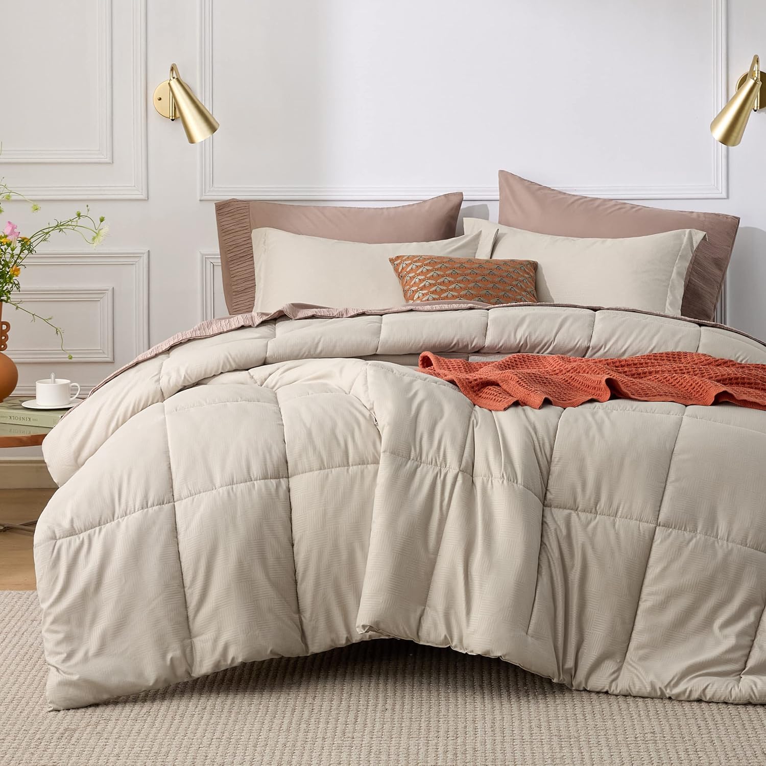 Bedsure Juego de edredón extra largo para cama individualindividual  Juego de edredón alternativo con tejido de cesta beige, tamaño