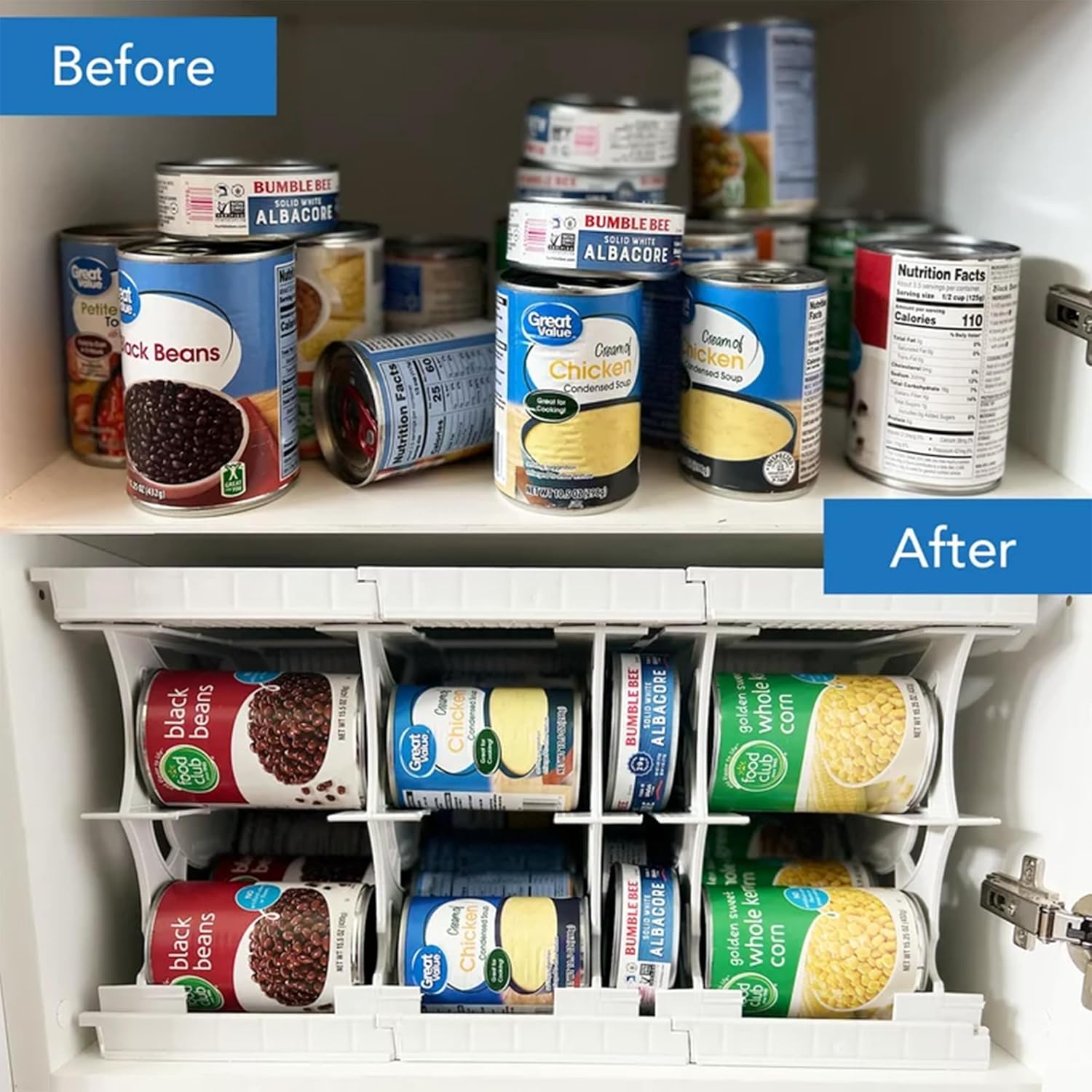 Shelf Reliance Cansolidator – 20 latas, organizador de despensa apilable ajustable para latas, organizador de cocina giratorio de almacenamiento de