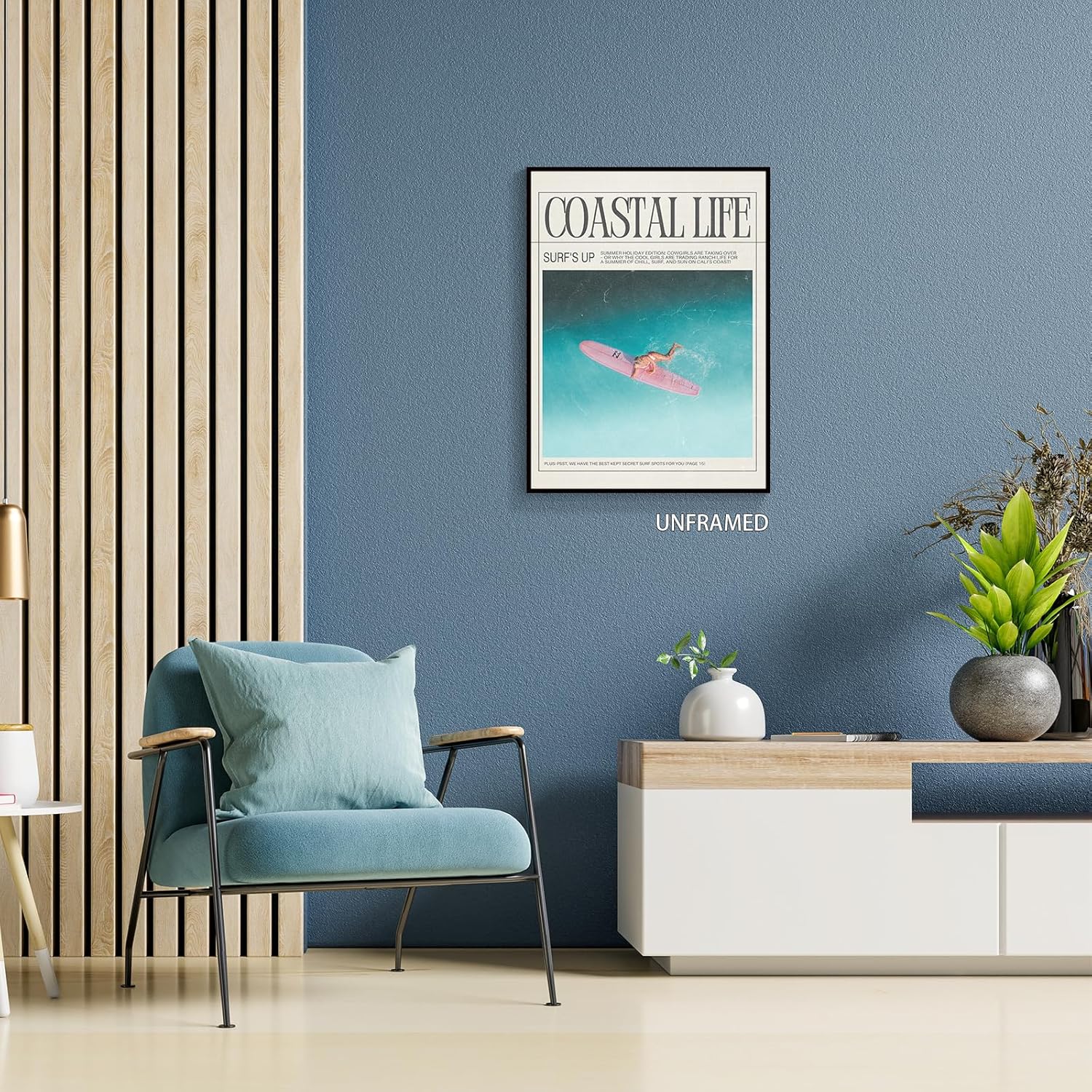 Nanxiwofee Lienzo decorativo para pared de niña surfista, póster para decoración de habitación de playa, tabla de surf, periódico, verano, playa,