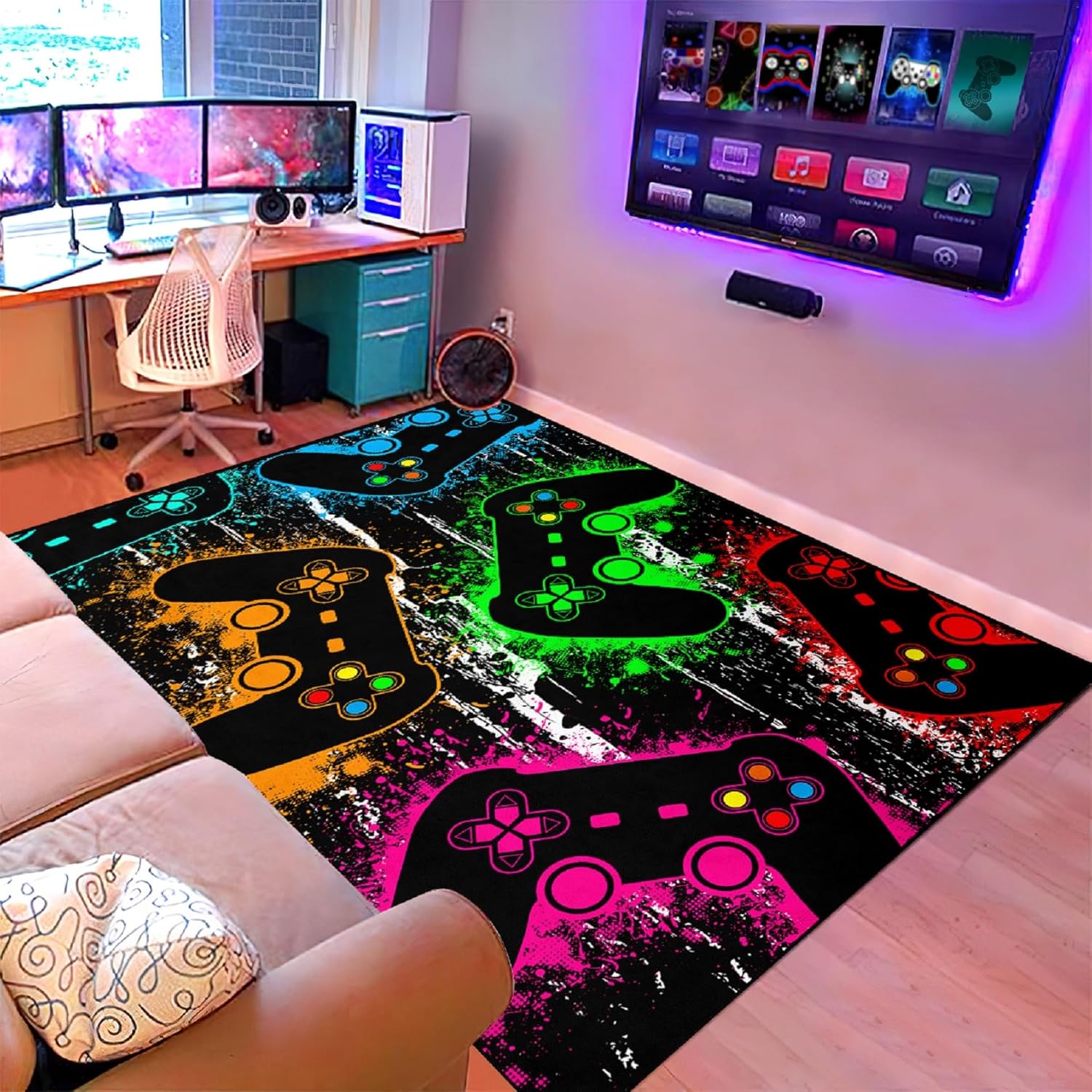 Alfombra de área grande para comedor, habitación de los niños, tapete de gamepad dibujado a mano verde para adolescentes, alfombra de piso para sala