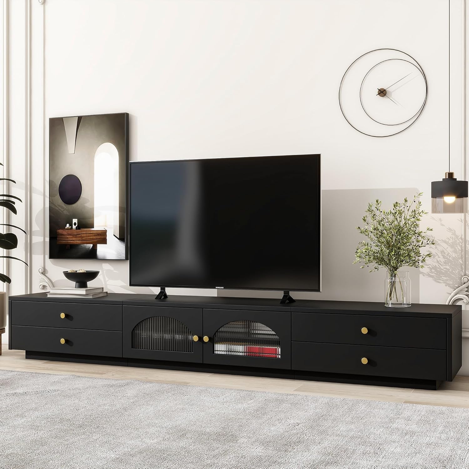 Voohek Lujoso soporte de perfil bajo con 2 puertas de vidrio estriado, centro de entretenimiento con 4 cajones, mesa consola multimedia para