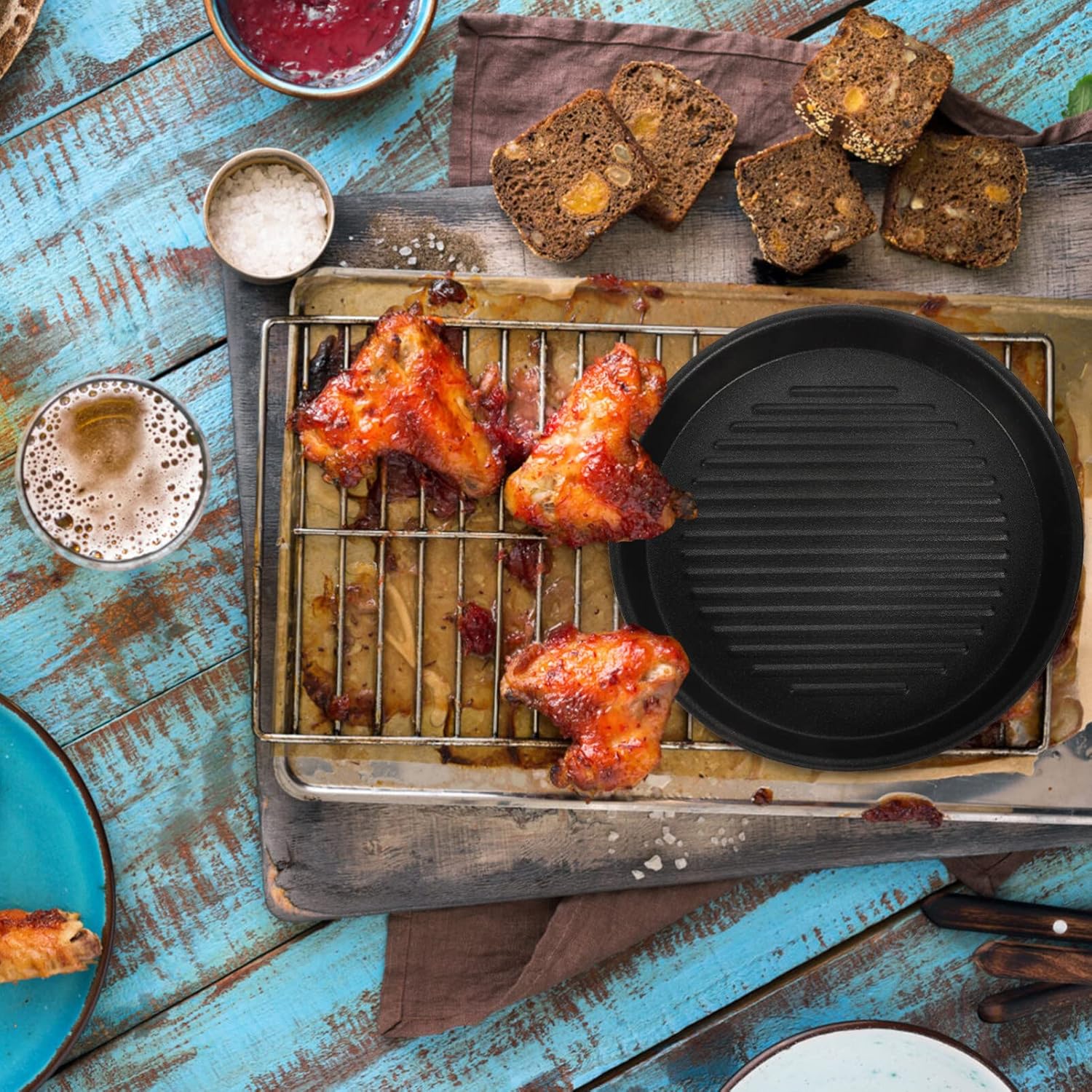 HEMOTON Sartén de hierro fundido antiadherente para parrilla, placa superior de la estufa, sartén de aluminio, sartén para carne para estufa