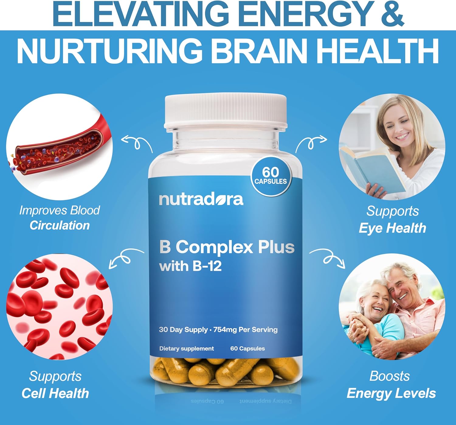 Nutradora Vitaminas del complejo B para mujeres y hombres, suplemento del complejo de vitamina B para la salud celular, crecimiento de glóbulos