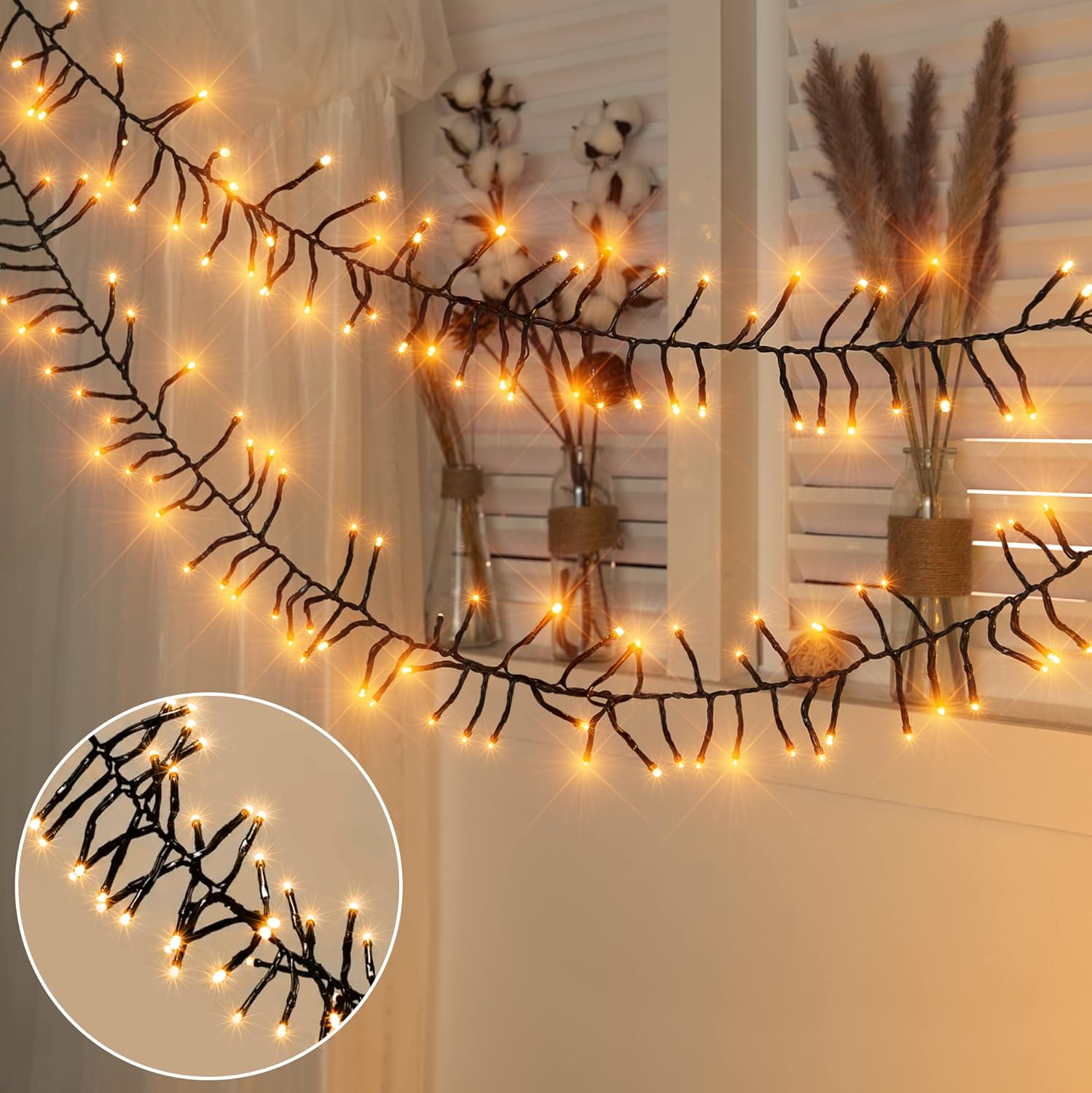 Ollny Luces en racimo para árbol de Navidad, 400 luces LED de Navidad blancas cálidas de 20 pies, 8 modos de temporizador, control remoto, cadena de