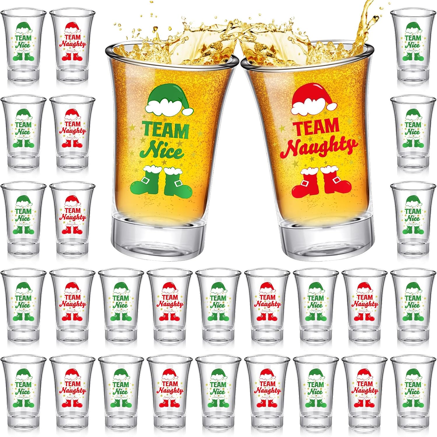 24 vasos de chupito de Navidad a granel de 1.2 onzas, reutilizables, para el equipo, travieso o bonito, vasos de acrílico transparente, juego de
