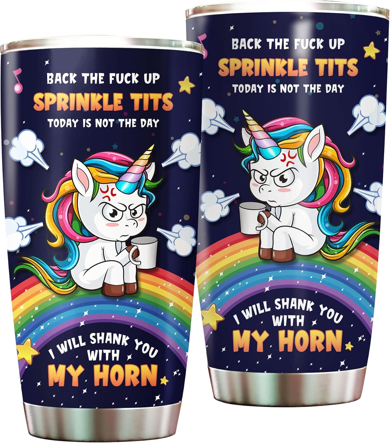 Vaso con tapa con texto en inglés “Unicorn I Will Shank You With My Horn”, taza de café arcoíris, regalo significativo de cumpleaños, regalo de