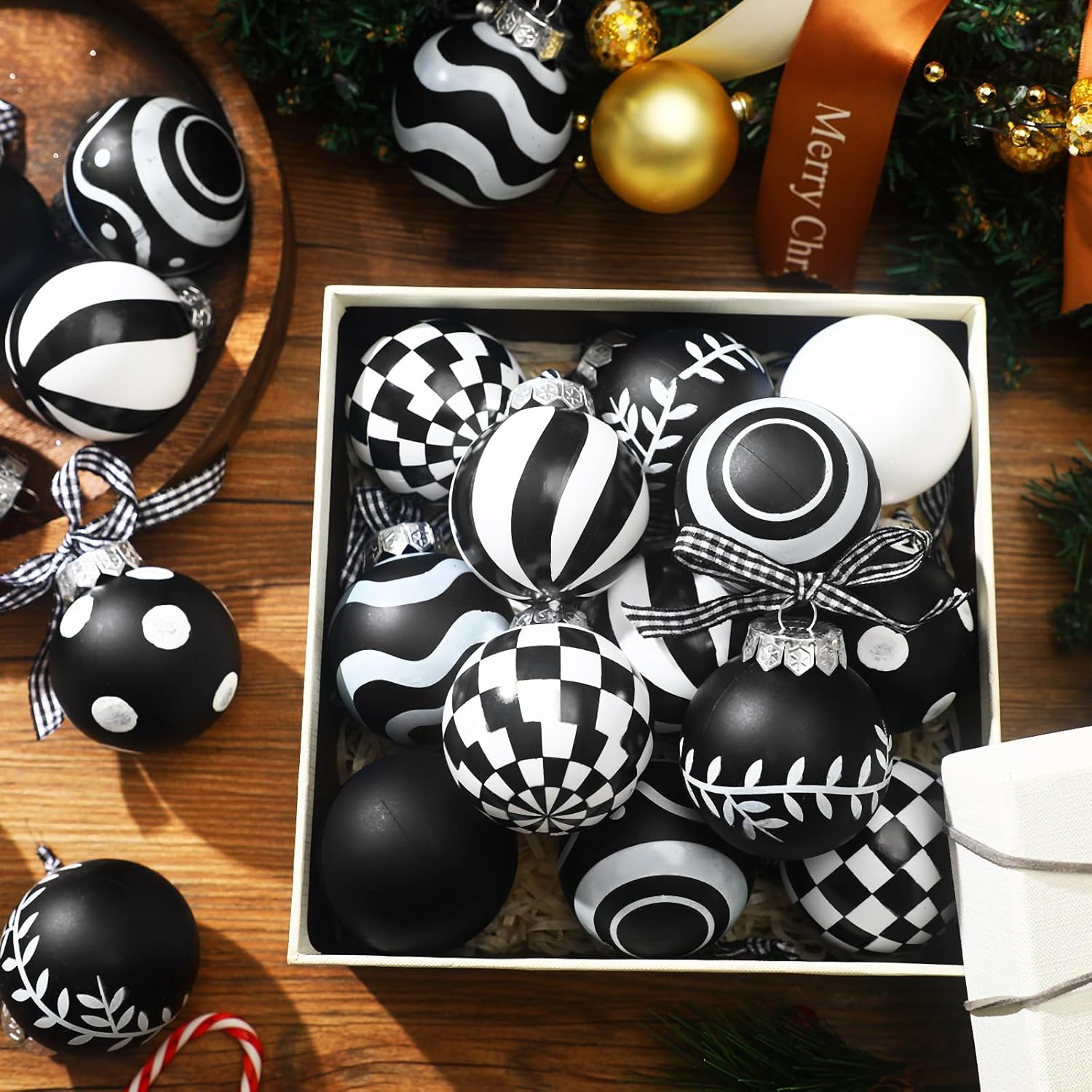 Adornos de bola de Navidad a rayas, lunares, búfalo a cuadros, bola colgante de plástico de 2.36 pulgadas, decoración de árbol de Navidad, bolas de