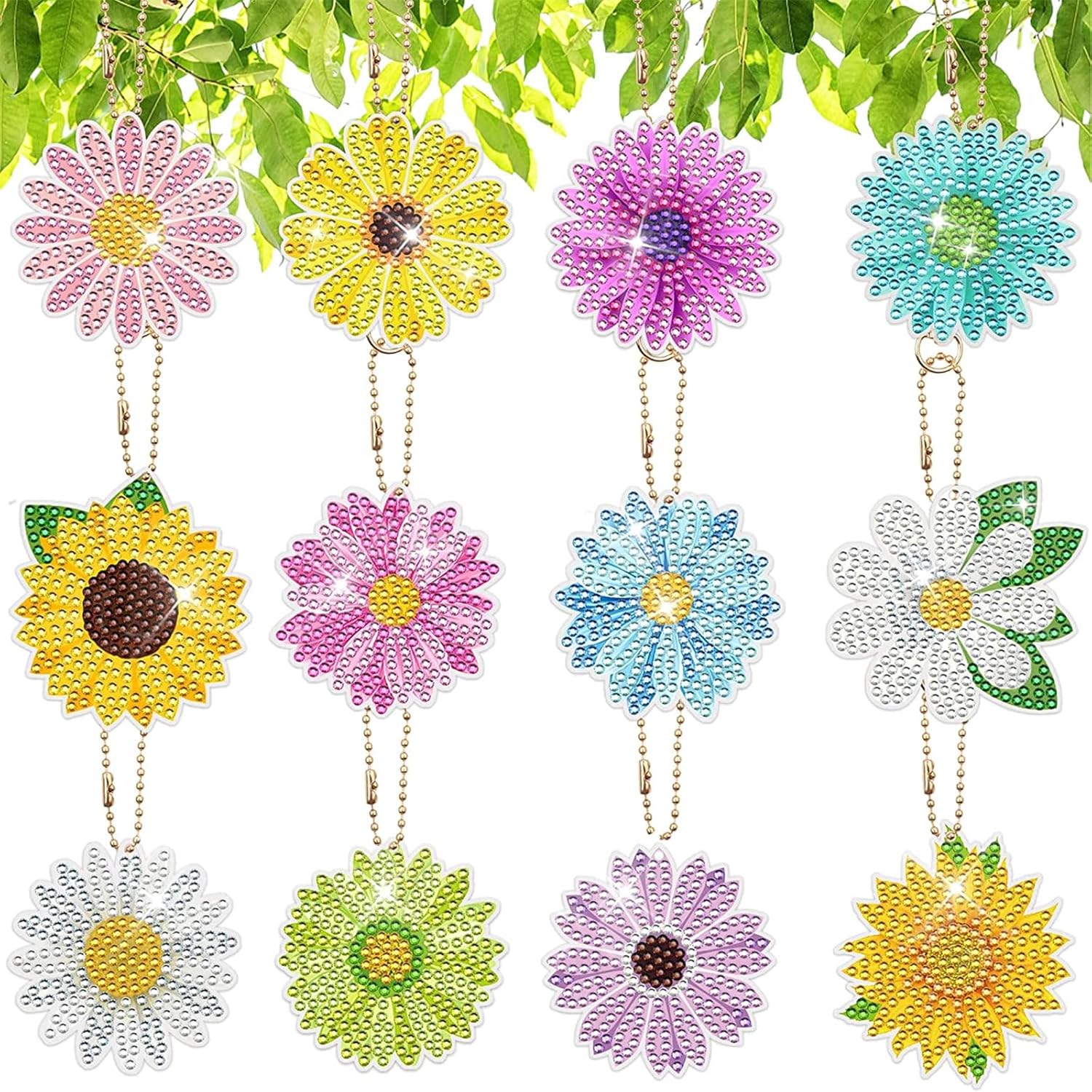 JeCuiK 12 llaveros de pintura de diamante de margarita, bricolaje 5D, llaveros de doble cara de taladro completo de flores colgantes de diamantes