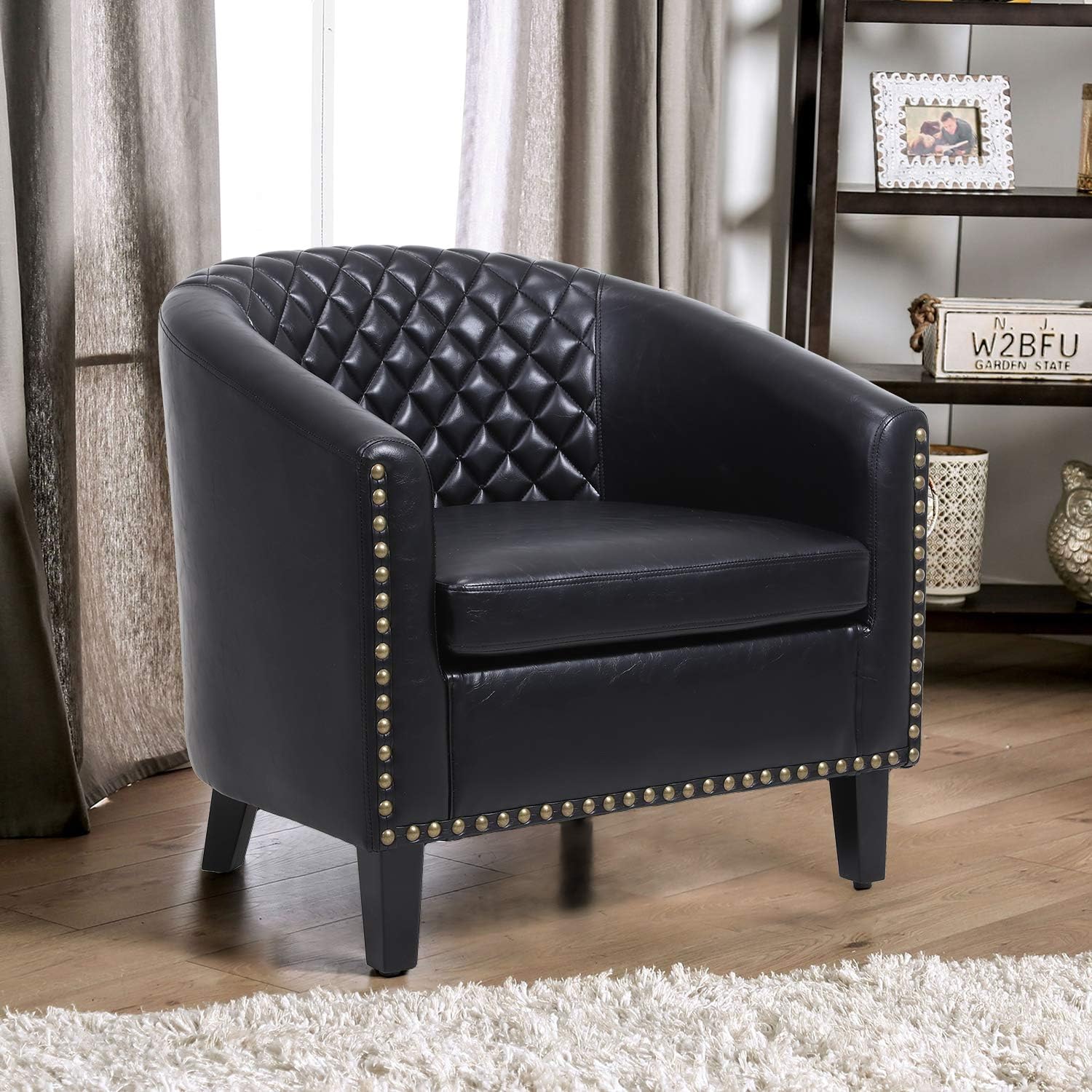 Silla de barril de cuero PU negro para sala de estar Sillón de ocio con cabezas de clavos y patas de madera maciza, talla única