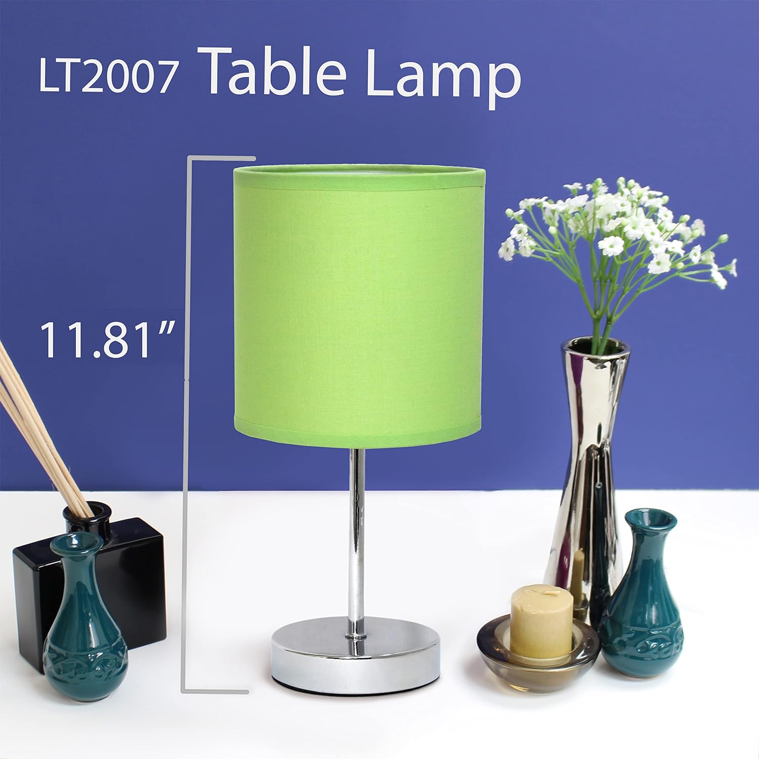 Simple Designs LT2007-GRN – Mini lámpara de mesa básica cromada con pantalla de tela, verde