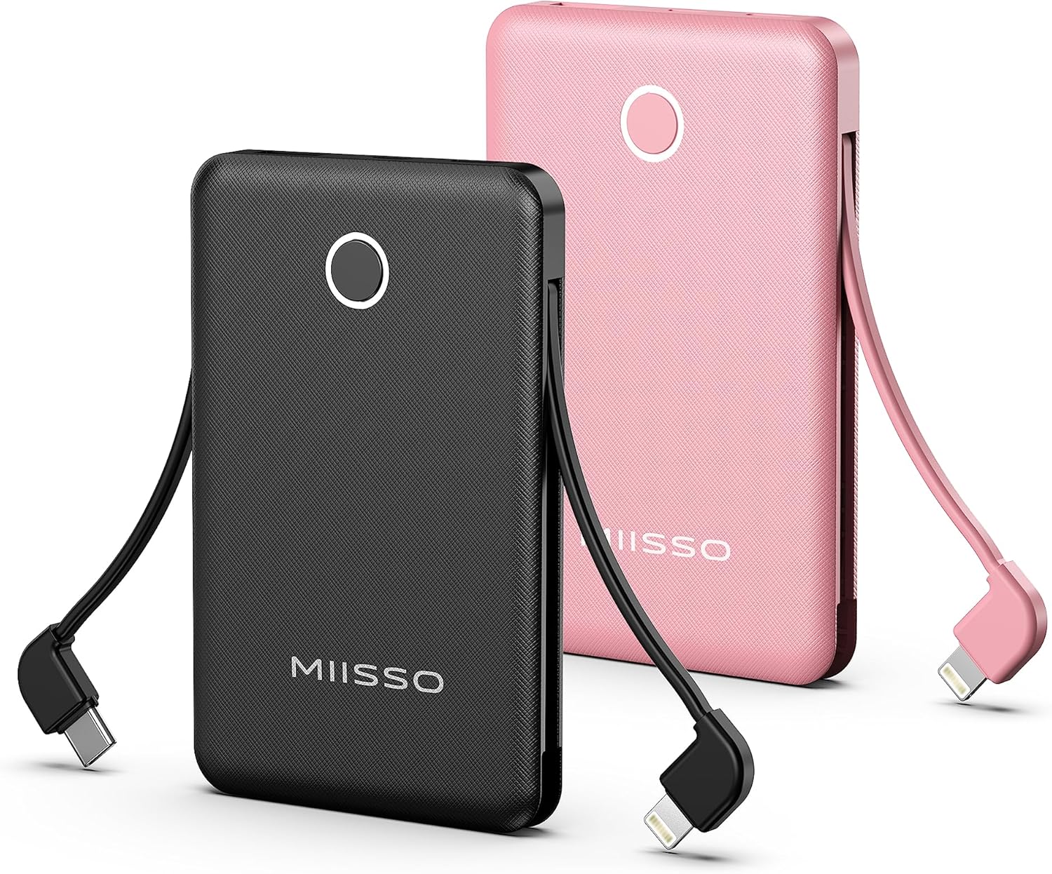 Paquete de 2 cables integrados ultradelgados de 6000 mAh, batería externa de 3 salidas, compatible con iPhone, color negro y rosa
