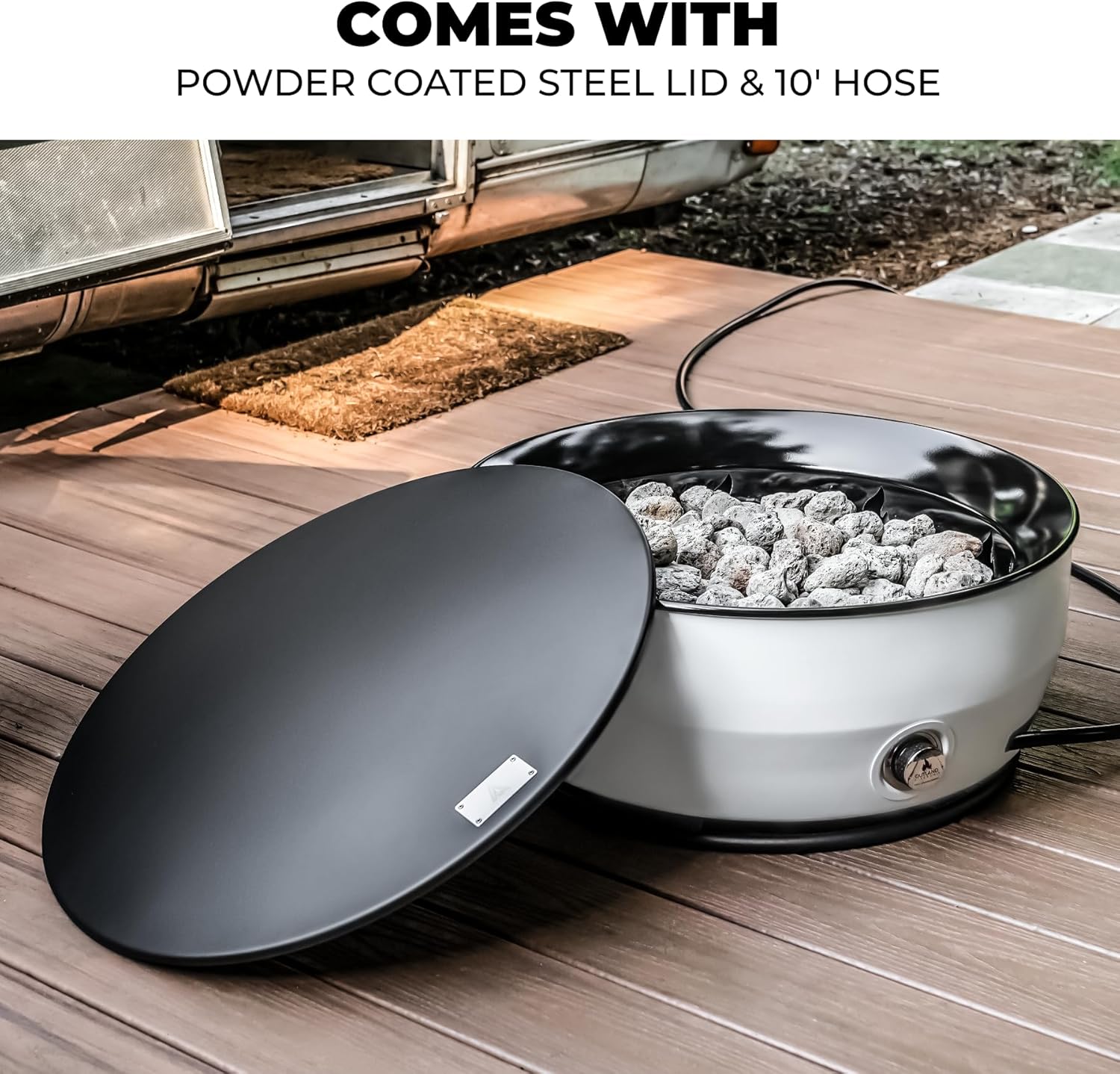 Outland Living – Fogata grande de gas propano para exteriores, 60,000 BTUh, 24 pulgadas con tapa, hoguera moderna Lake Country 800 para patio, color