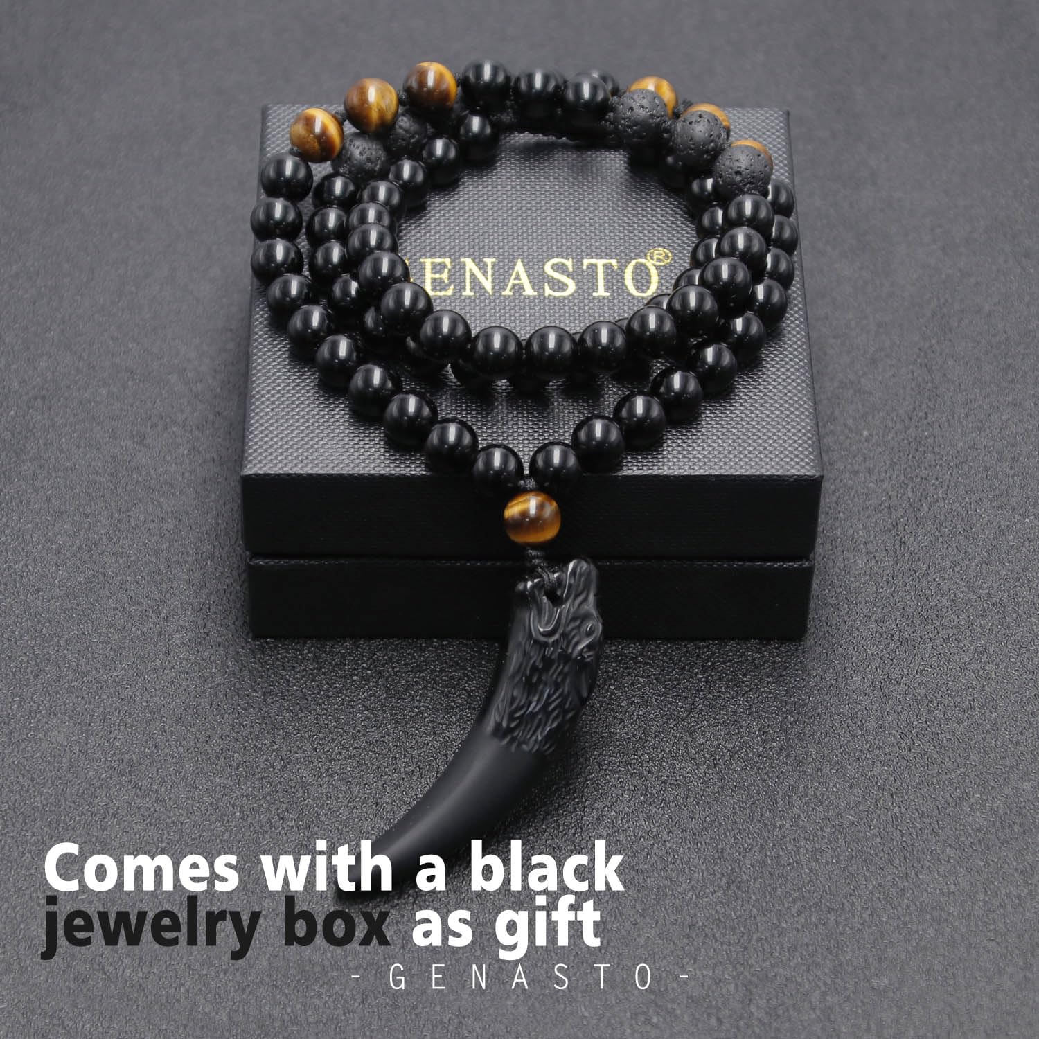 GENASTO Wolf Tooth Necklace Black Obsidian Stone Beads and Tiger Eye Necklace and Tiger Eye Natural Stone Crystal Healing Prayer Necklace for Men