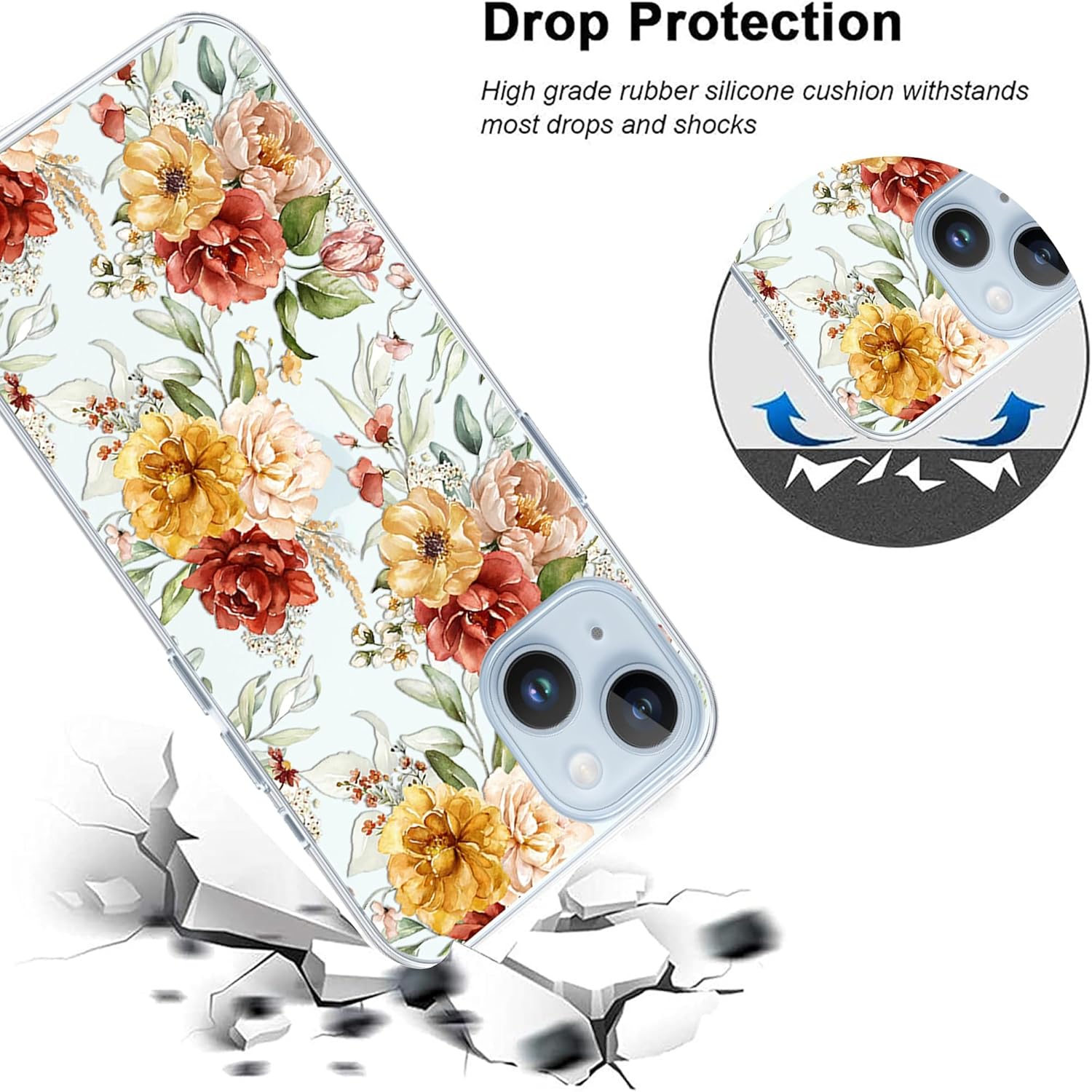Funda protectora transparente con diseño de flores estéticas para iPhone 15 de 6.1 pulgadas (2023), funda protectora de TPU suave y delgada para