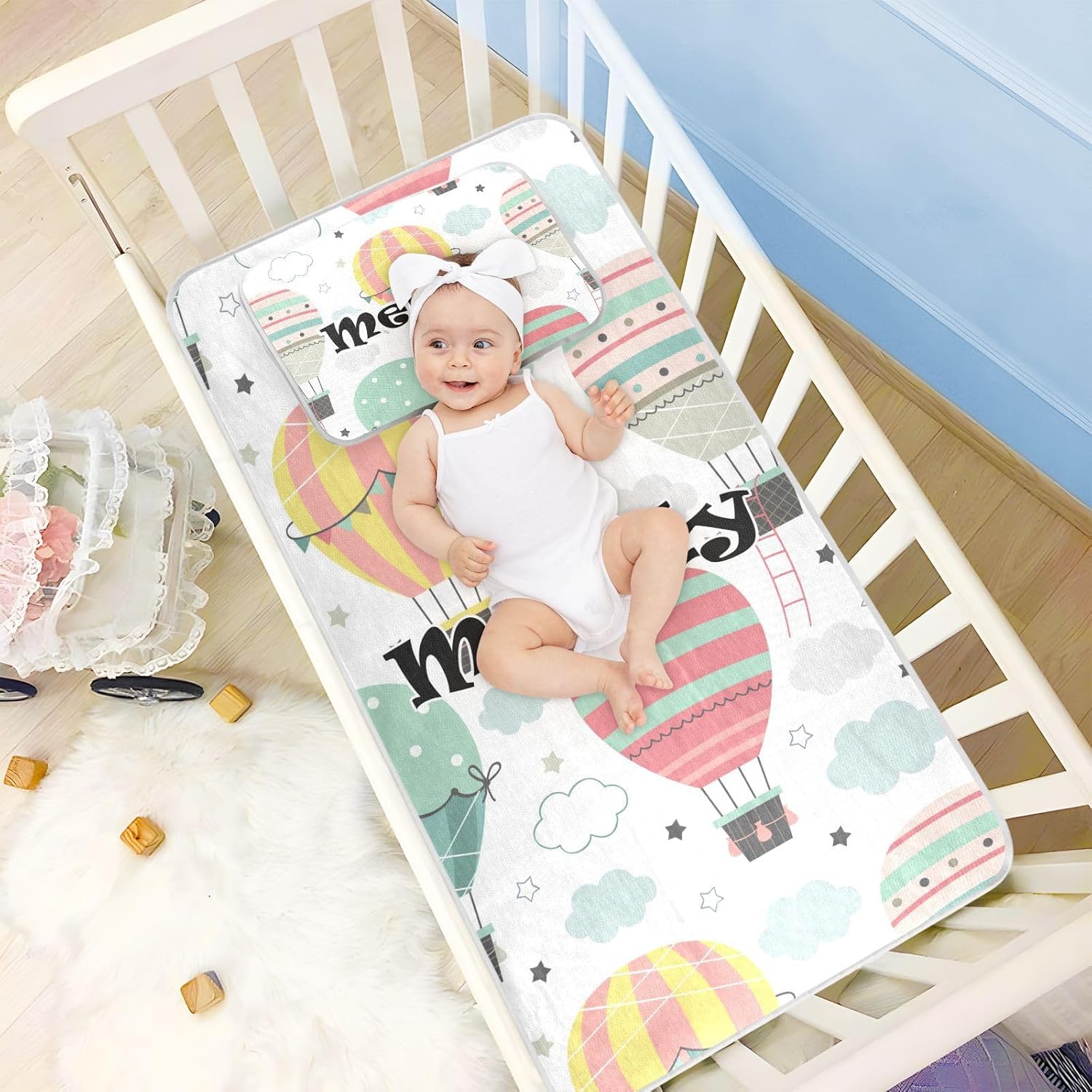 Custom Hot Air Balloon Crib Mattress Protector Pad for Boys Girls Baby Ice Silk Mat Bed Crib Mattress Protector Cooling Mattress Topper for Baby