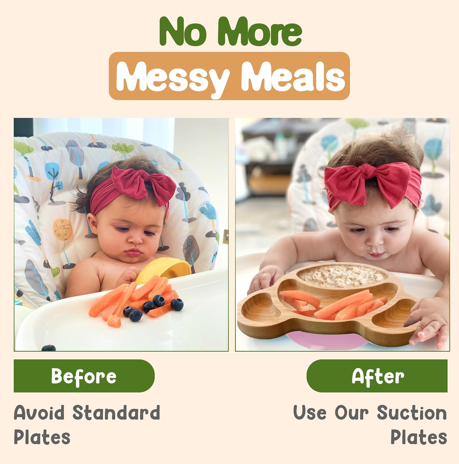Platos de bambú para niños  Placa de succión de bambú para bebés y niños pequeños para la alimentación y el destete  Promueve la autoalimentación