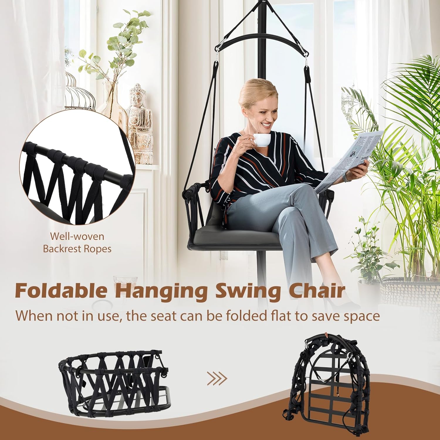Giantex Silla colgante con soporte, cojines de asiento y respaldo acogedores, marco de metal inoxidable y respaldo tejido, hamaca para interiores y