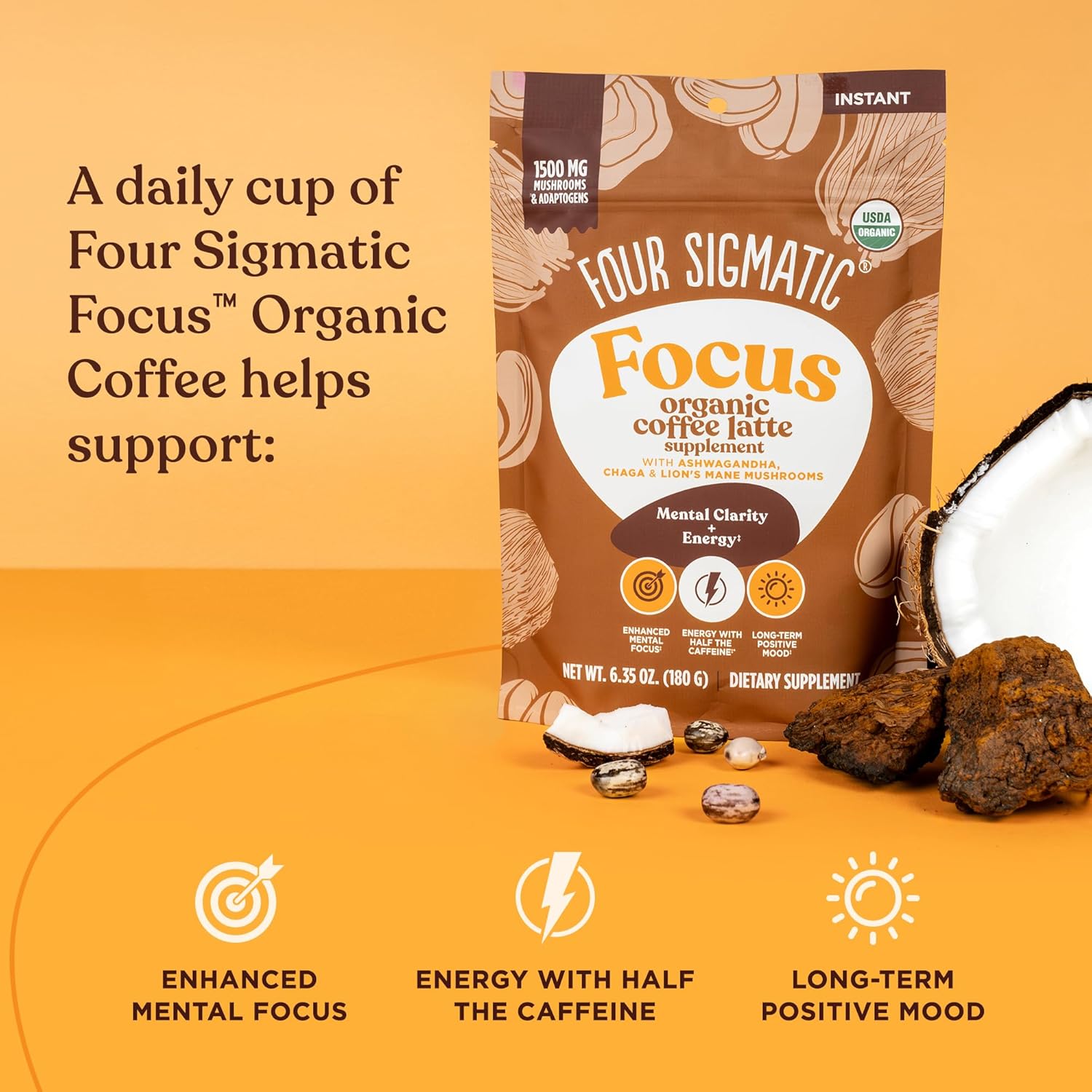 Focus Organic Mushroom Coffee Latte de Four Sigmatic  1500 mg de adaptógenos por porción  Melena de león, Chaga, Rhodiola, Ashwagandha y muuna para
