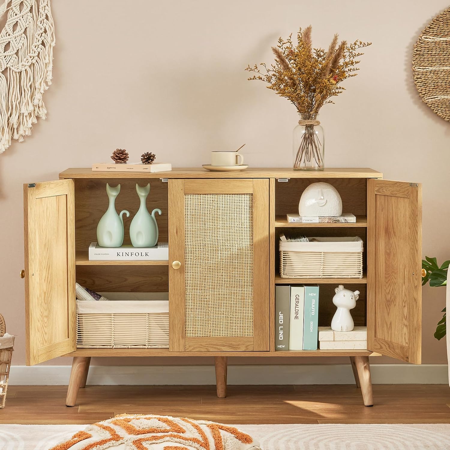 Quimoo Aparador de buffet, gabinete de ratán bohemio con 3 estantes ajustables y puertas de ratán, mesa de entrada para sala de estar, comedor,