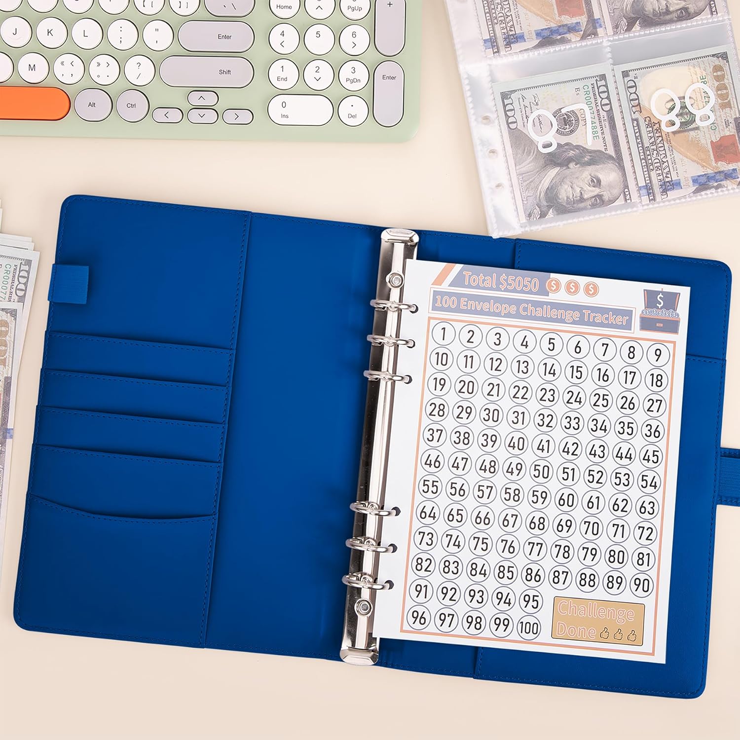 Carpeta de desafíos de ahorro de dinero con 100 sobres, carpeta de presupuesto A5 con sobres de efectivo, libro de desafíos de ahorro para ahorrar