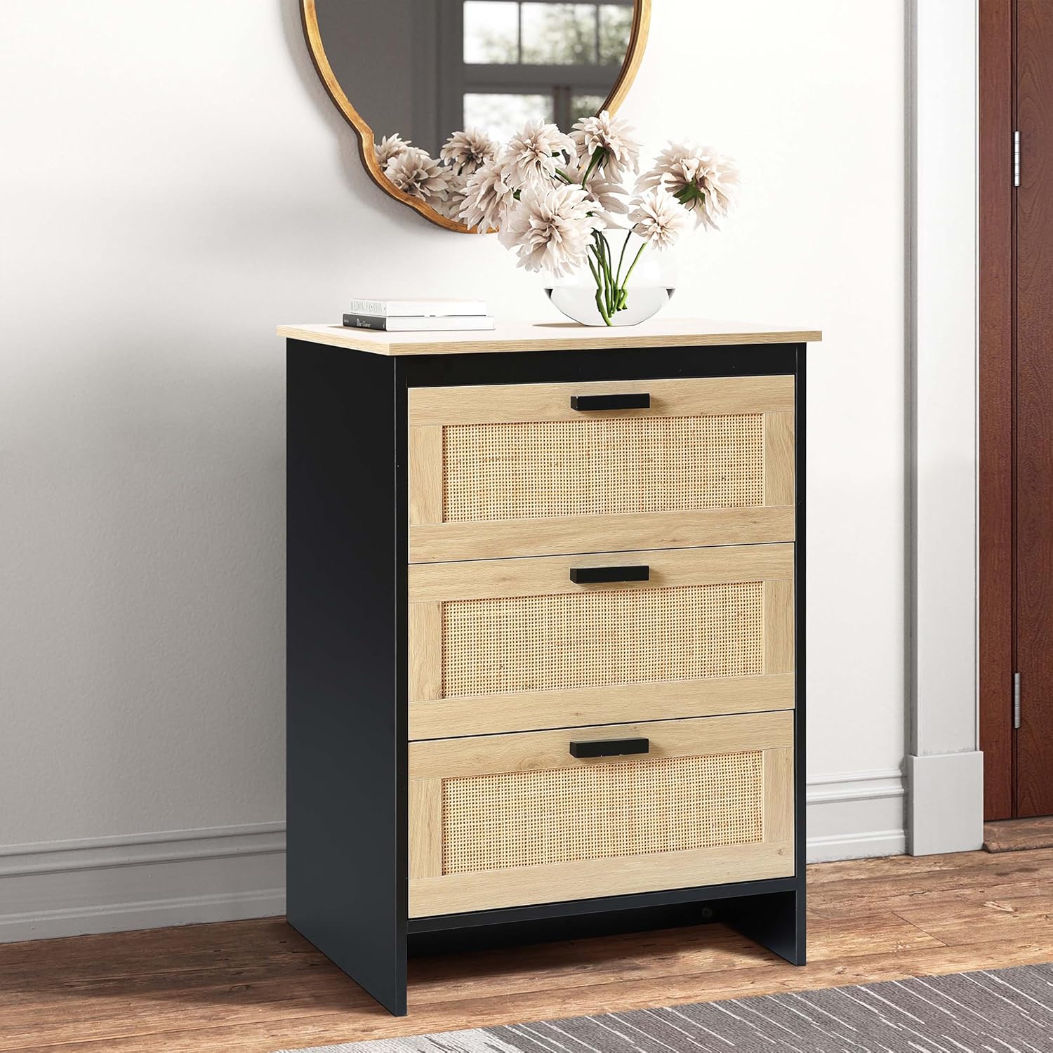 LuxenHome – Cofre de ratán con 3 cajones de madera negra y marrón