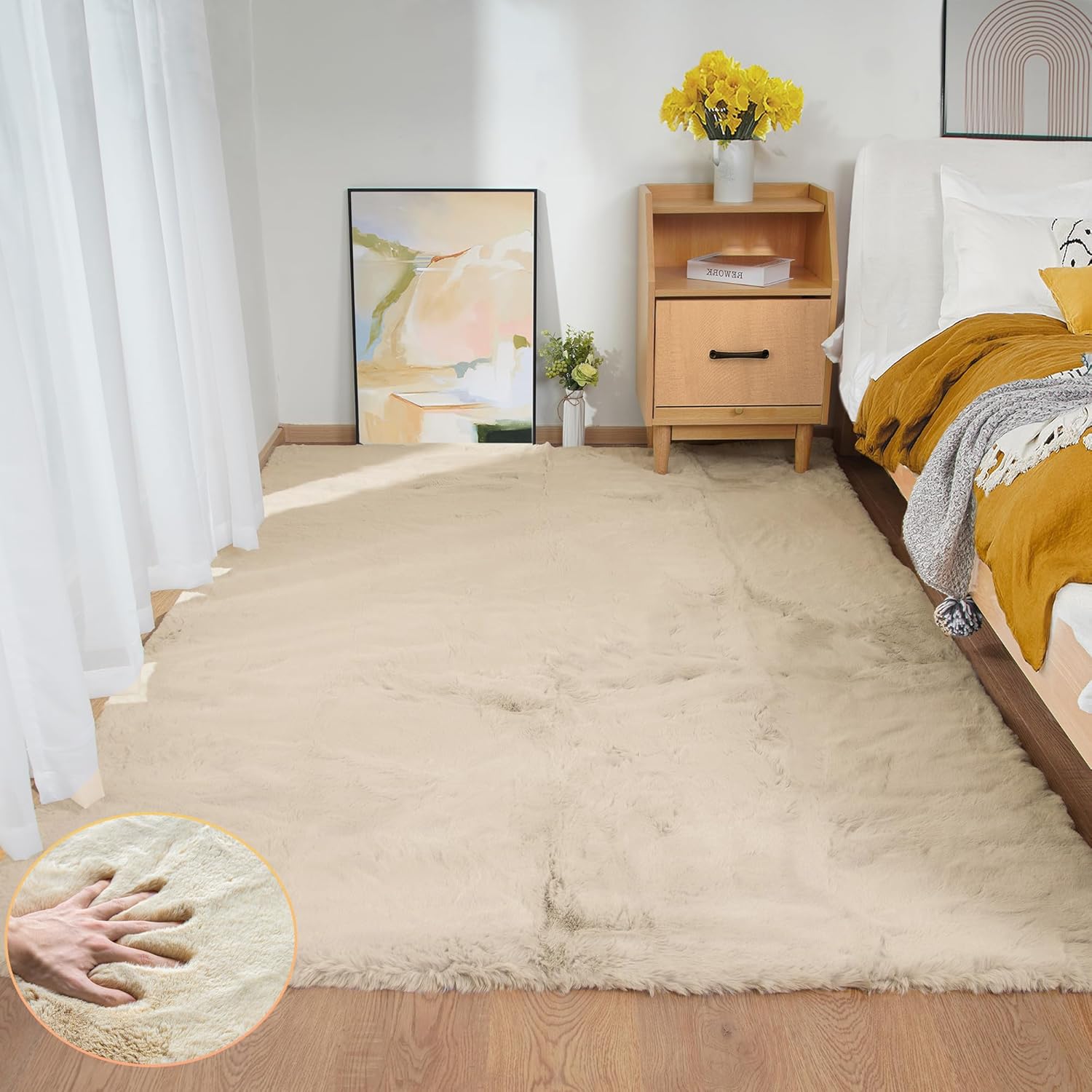 Alfombra de felpa lanuda de 5 x 7 pies, color marrón claro, beige, para dormitorio, alfombra lavable de piel sintética de conejo para sala de estar,