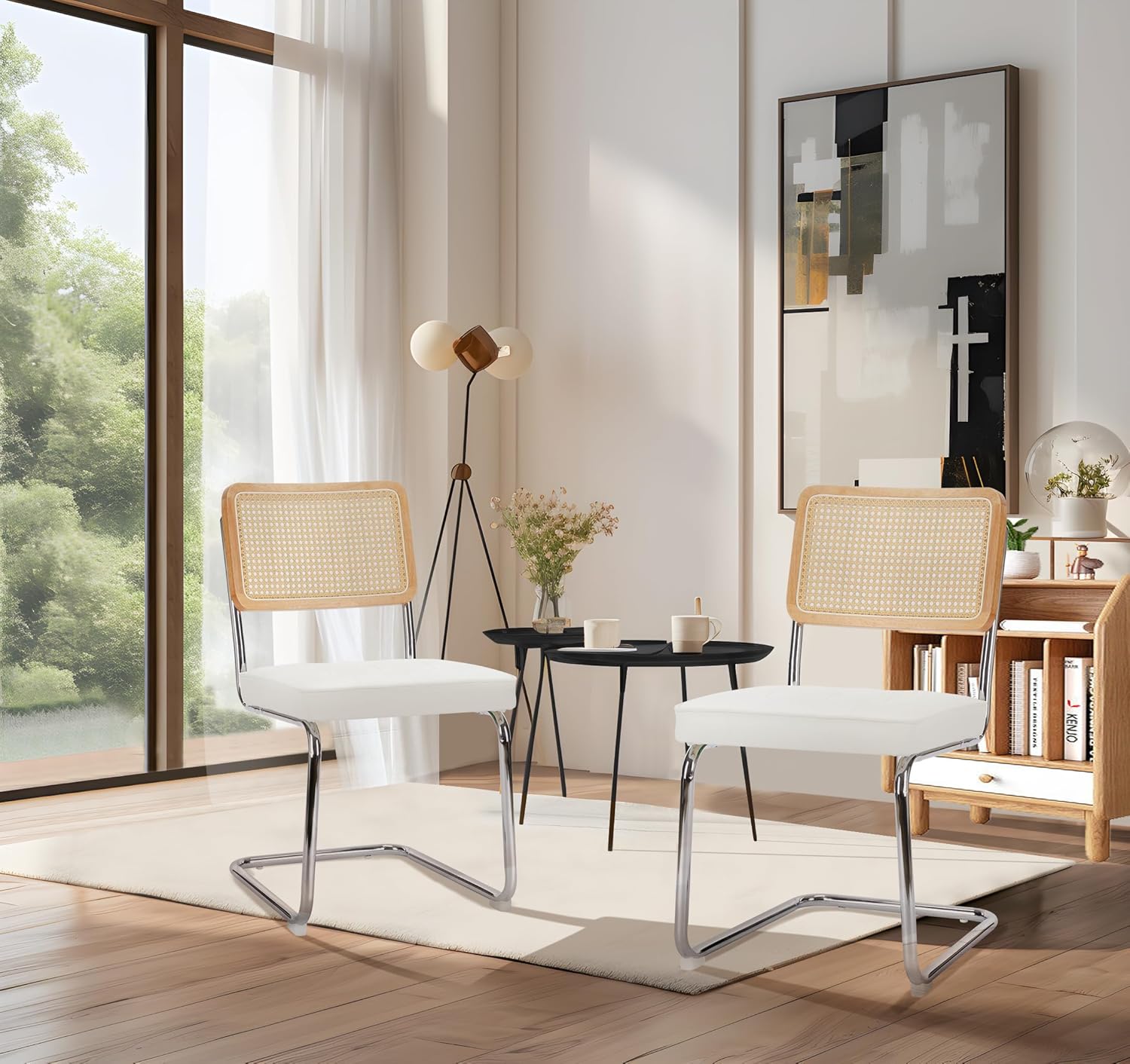 COLAMY Juego de 2 sillas de comedor de ratán, de piel sintética, modernas de mediados de siglo, sillas auxiliares de comedor y cocina con patas