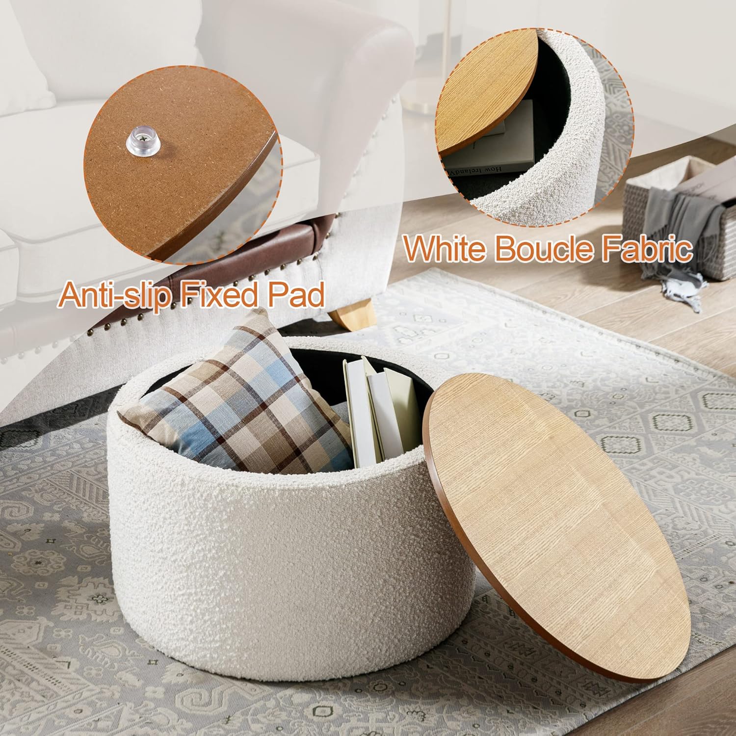 Zibeths Otomana de almacenamiento, otomana con almacenamiento para sala de estar, reposapiés Farbic Beige Boucle, mesa auxiliar con tapa de madera,