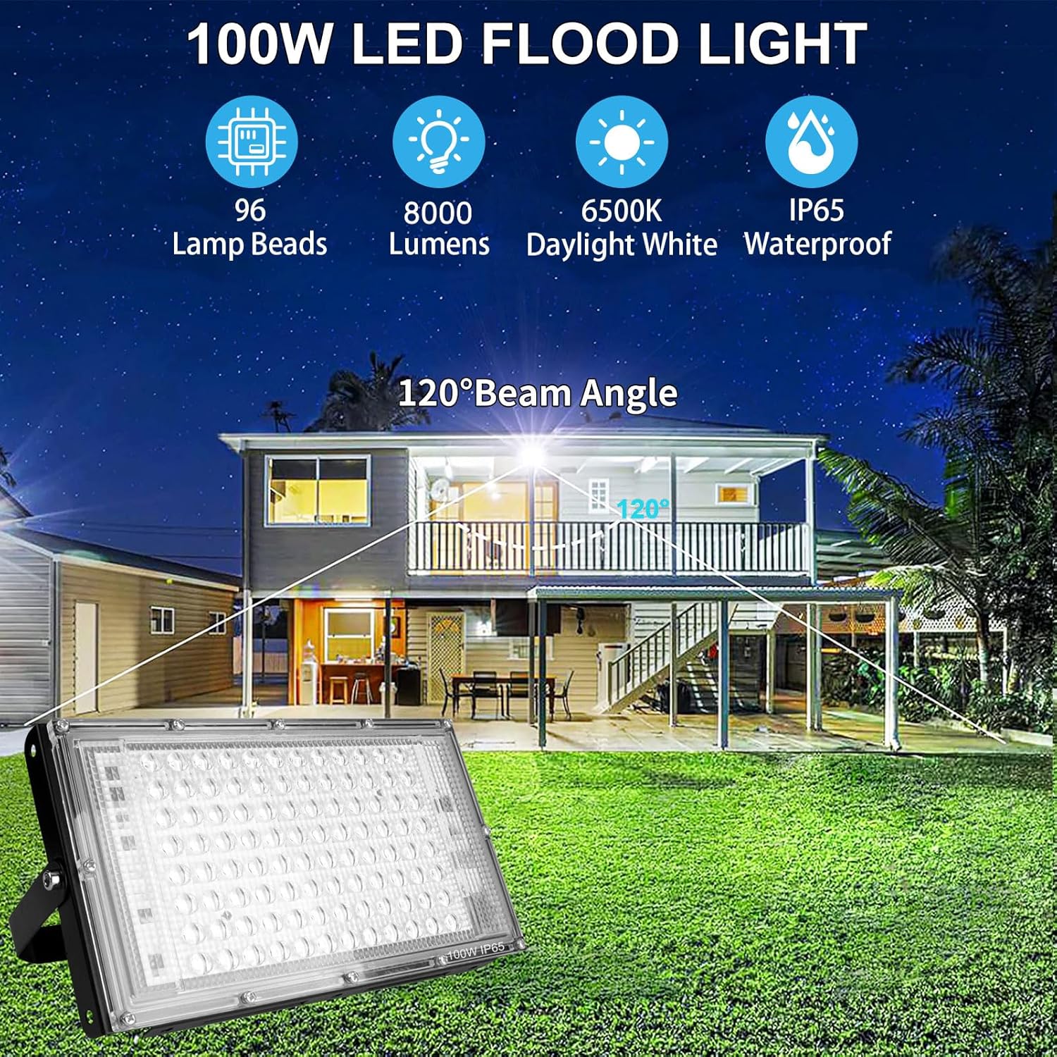 100W LED Outdoor Flood Light, 2 Pack 8000LM Plug in Flood Light Outdoor, IP66 Waterproof Exterior Security Lights, 6500K Daylight White Super Bright