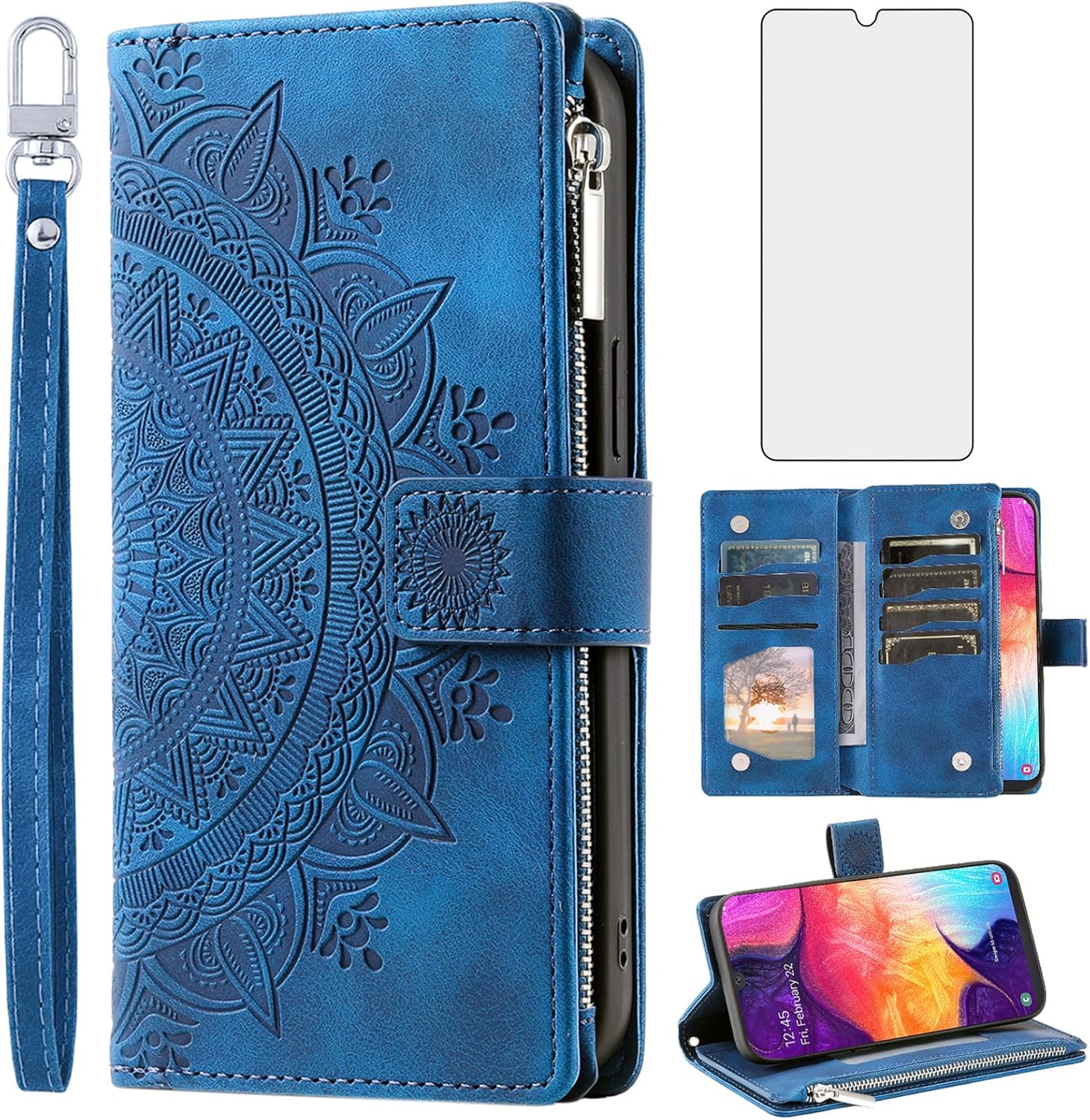 Asuwish Funda de teléfono para Samsung Galaxy A50 A50S A30S Funda tipo cartera con protector de pantalla de vidrio templado y Mandala Flower Flip
