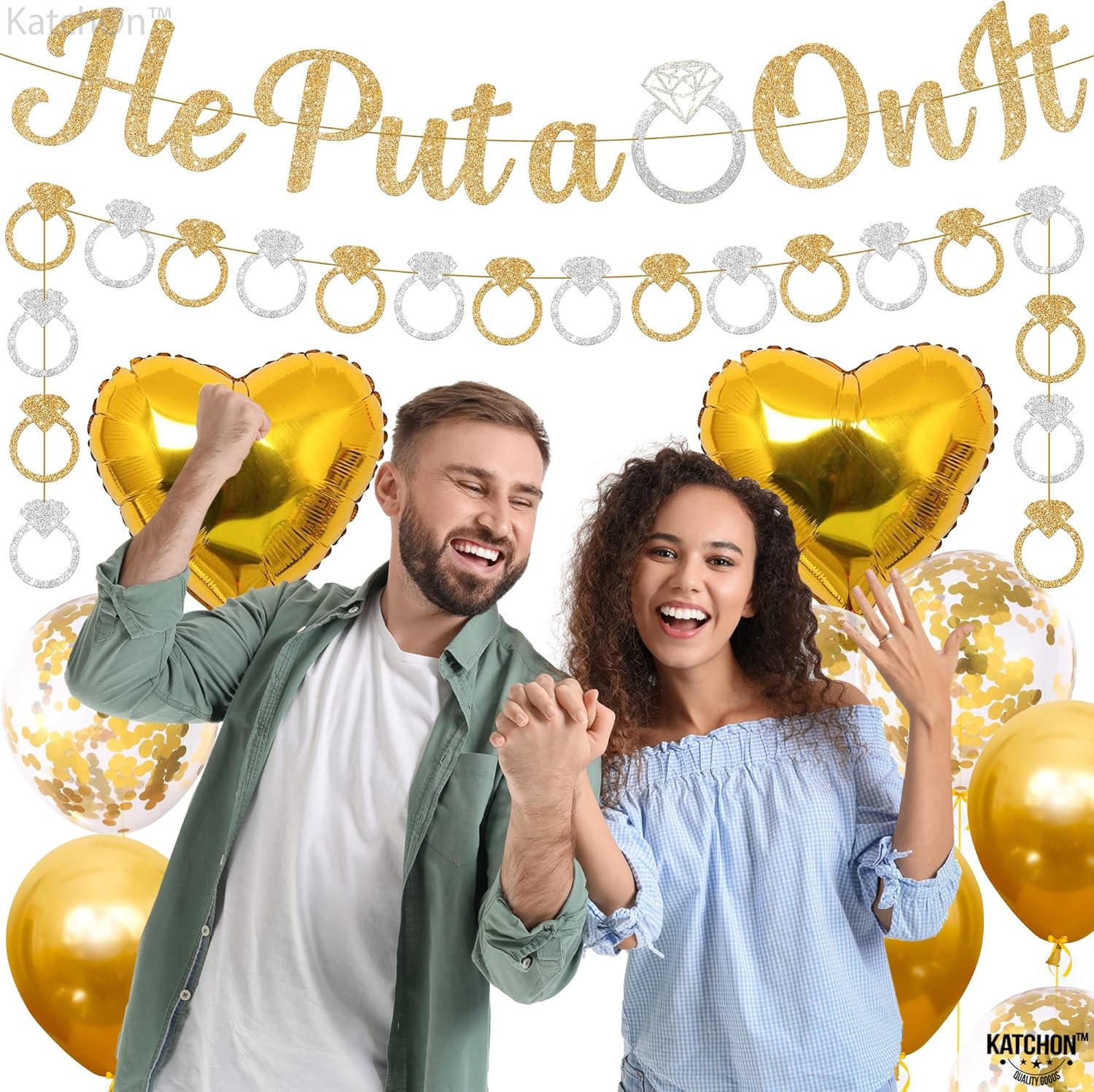KatchOn, Cartel con purpurina, dorado, con el texto en inglés “He Put A Ring On It” con bonito globo de anillo de diamantes, paquete de 2 globos de