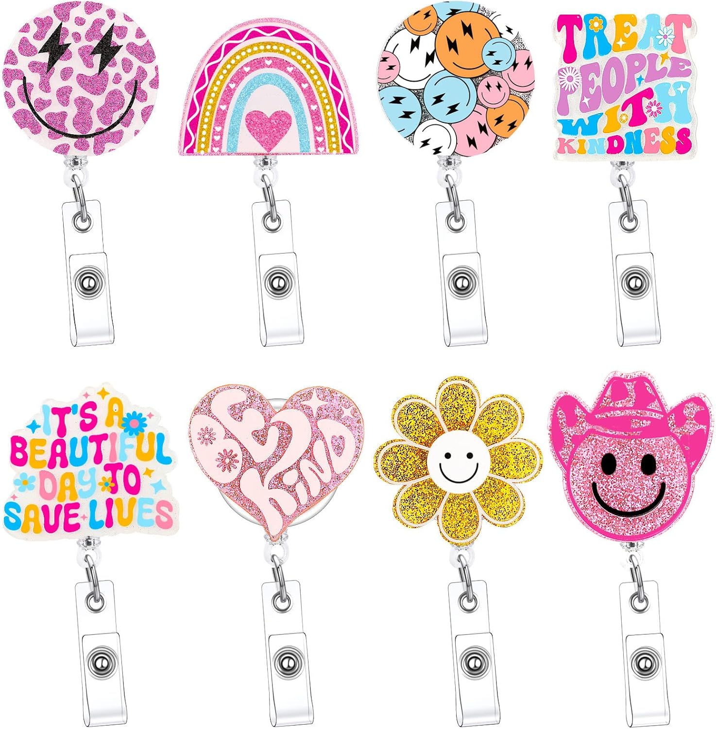 Remuuly Carrete retráctil de 8 piezas para identificación de enfermera, con purpurina, diseño de vaca, niño, margarita, sonrisa, carretes