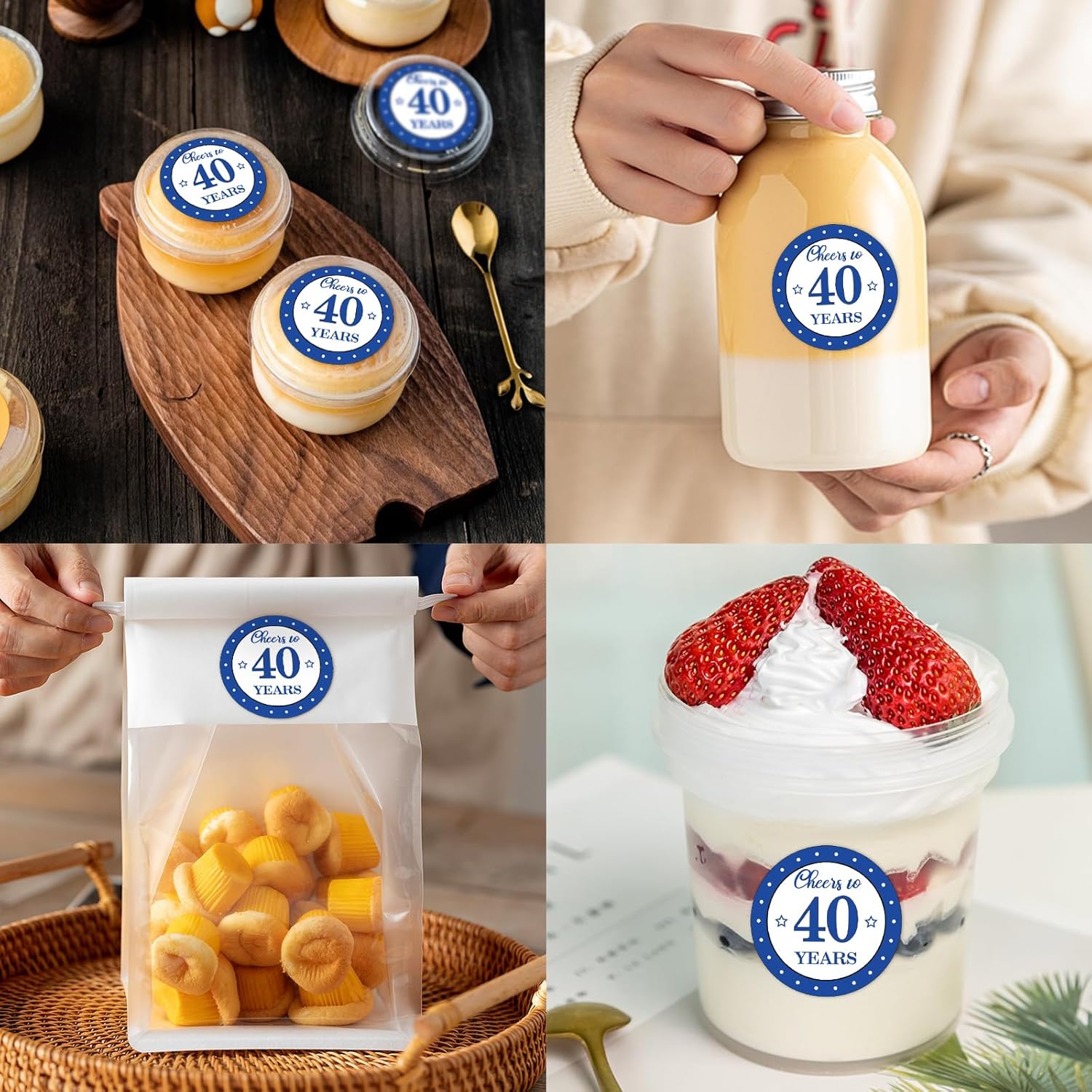 Calcomanías redondas de 1.5 pulgadas para cumpleaños n. 40 (80 piezas), calcomanías de felicitación azul a 40 años, calcomanías adhesivas para