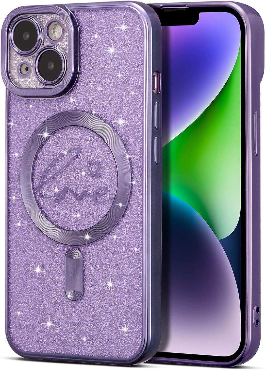 EYZUTAK Funda magnética para iPhone 13, con purpurina brillante de lujo, diseño de corazón chapado en lindo patrón de corazón, compatible con
