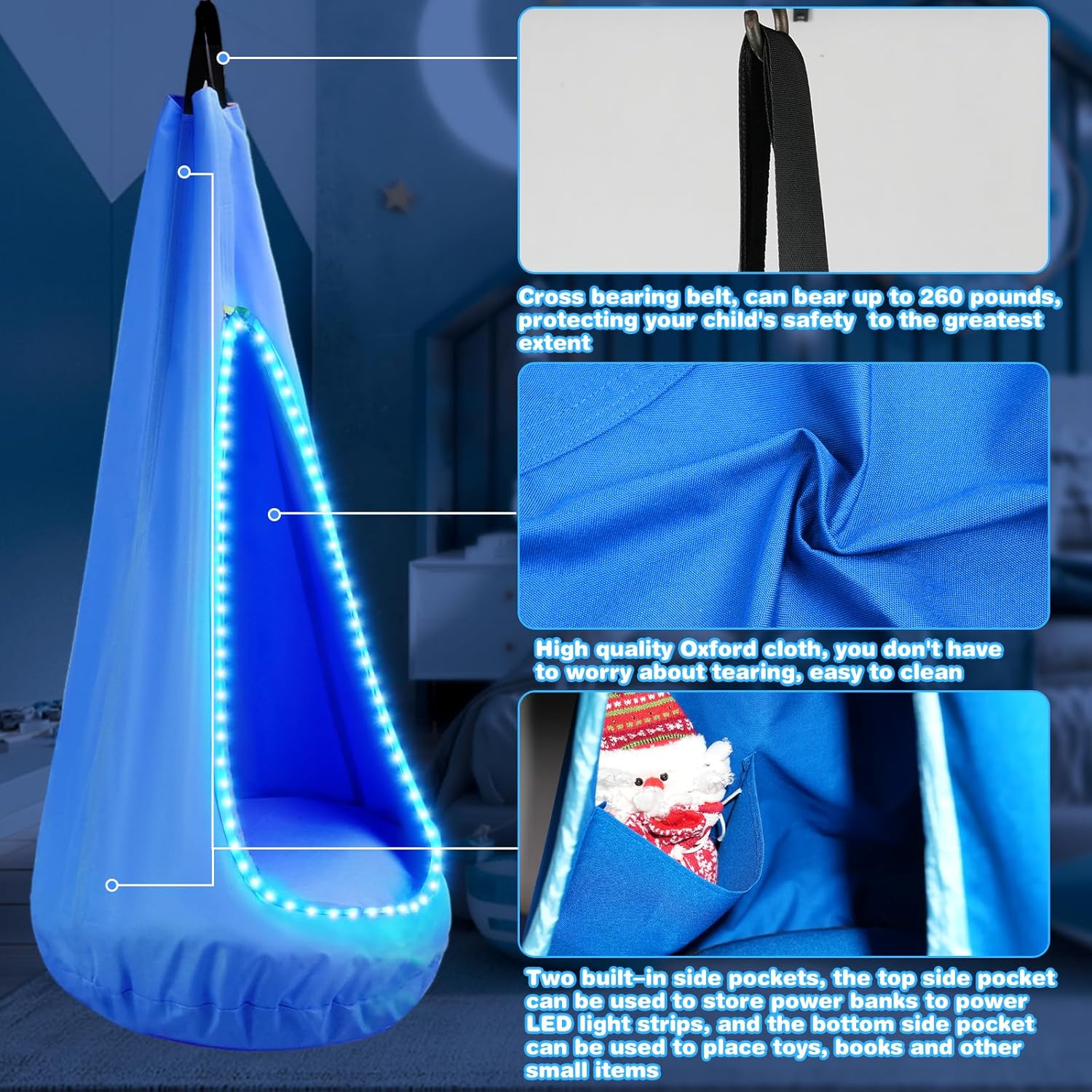 Asiento columpio para niños, hamaca colgante con tira de luces LED y cojín inflable, silla giratoria sensorial para exteriores e interiores, máximo