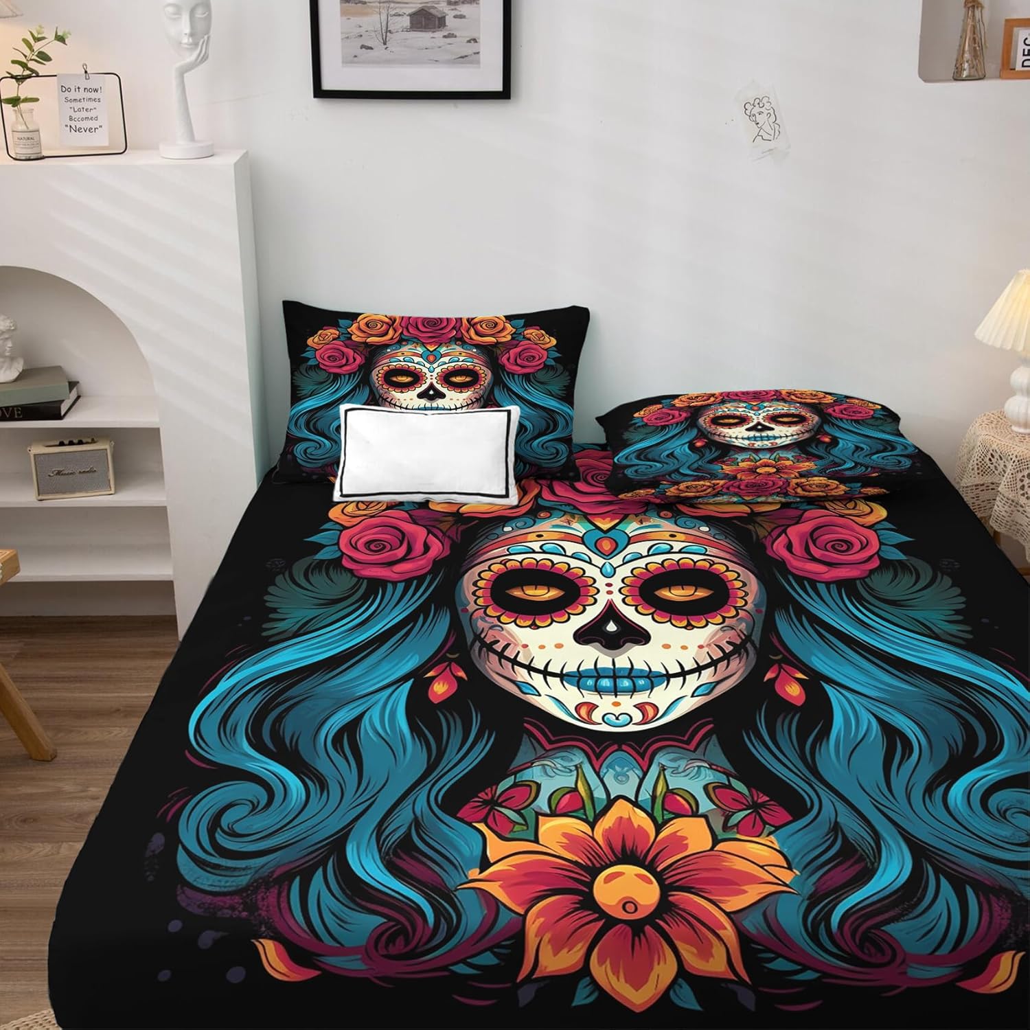 Day of The Dead – Juego de sábanas de 4 piezas con diseño de esqueleto mexicano, sábanas y fundas de almohada estampadas, sábana bajera ajustable de