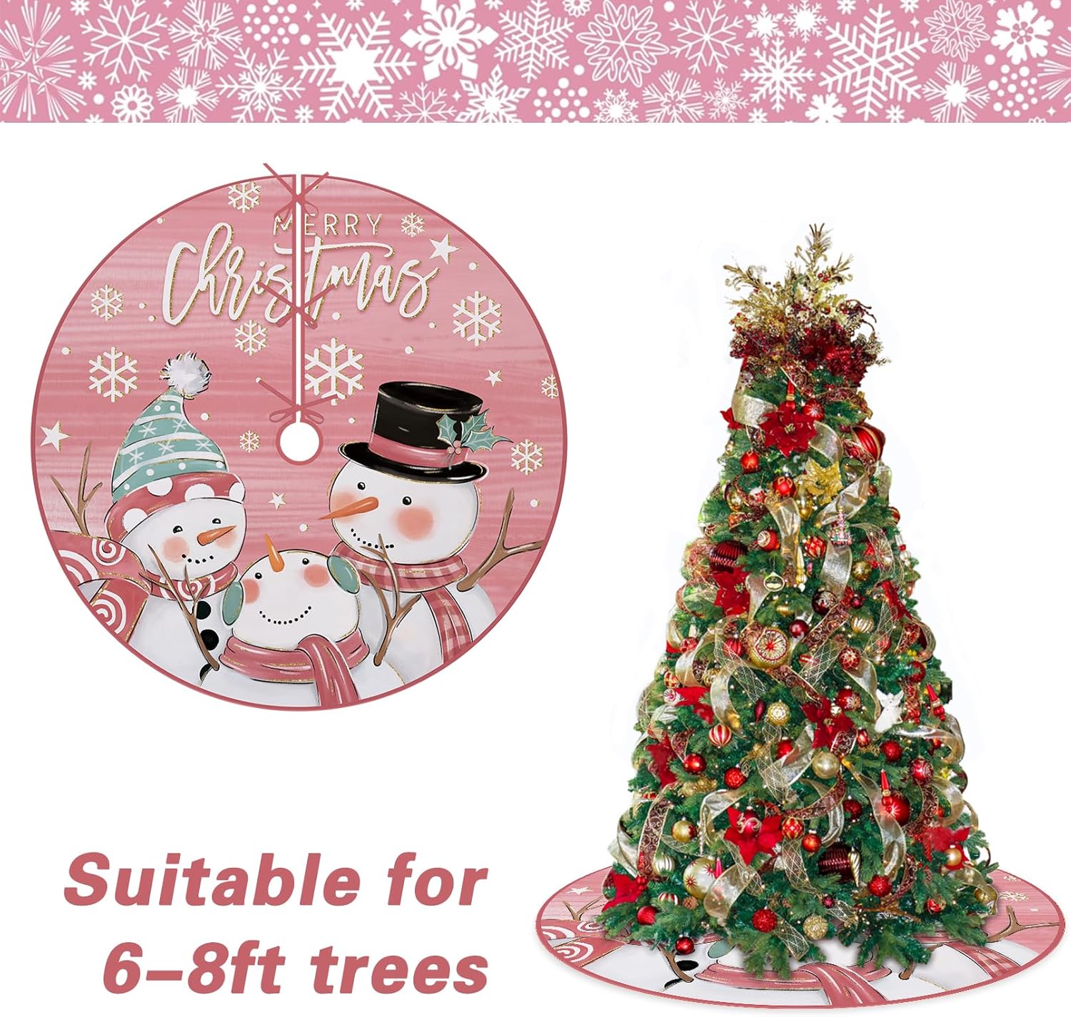 Fzbali Falda de árbol de muñeco de nieve de 48 pulgadas con cordones, falda de árbol de Navidad rosa artificial, fiesta de invierno, decoración de
