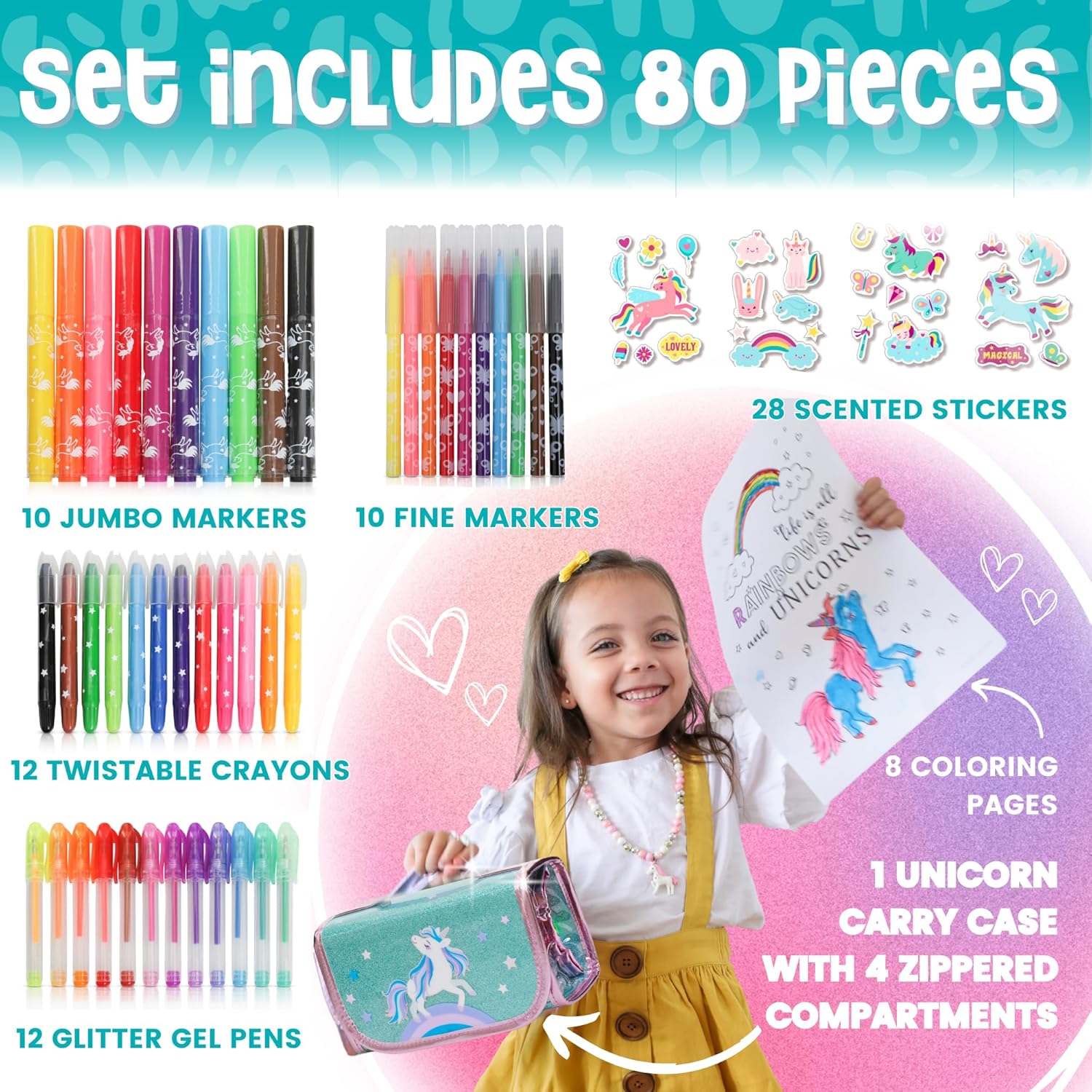 Amitié Lane Juego de papelería de unicornio, juego de marcadores perfumados + juego de libros de garabatos borrables, kits de manualidades y